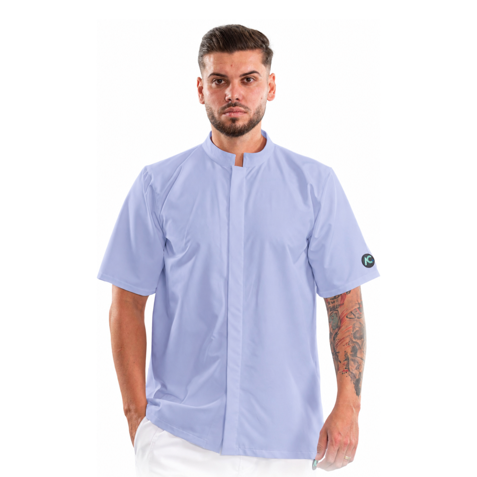 Men’s medical blouse with mandarin collar and concealed closure