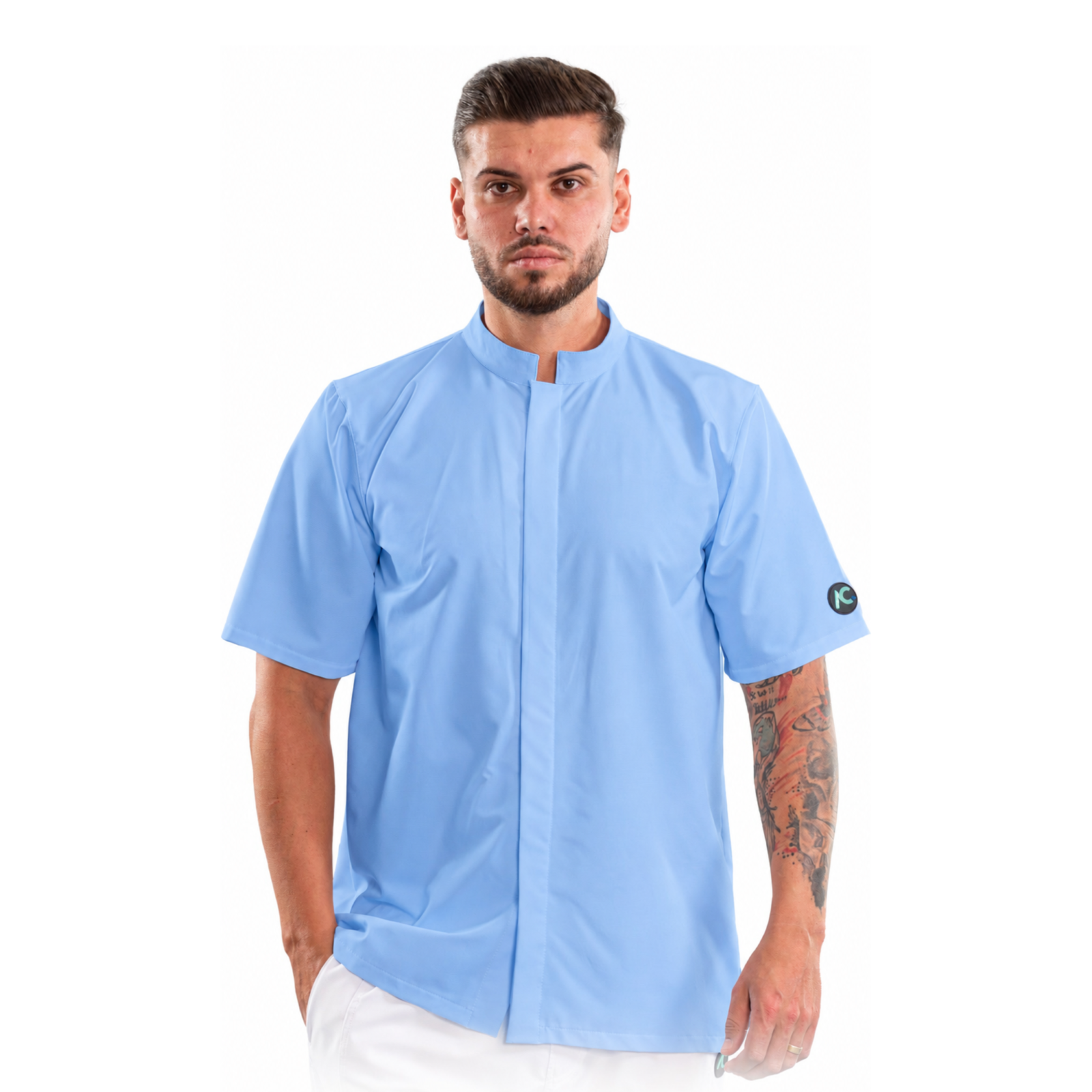 Men’s medical blouse with mandarin collar and concealed closure