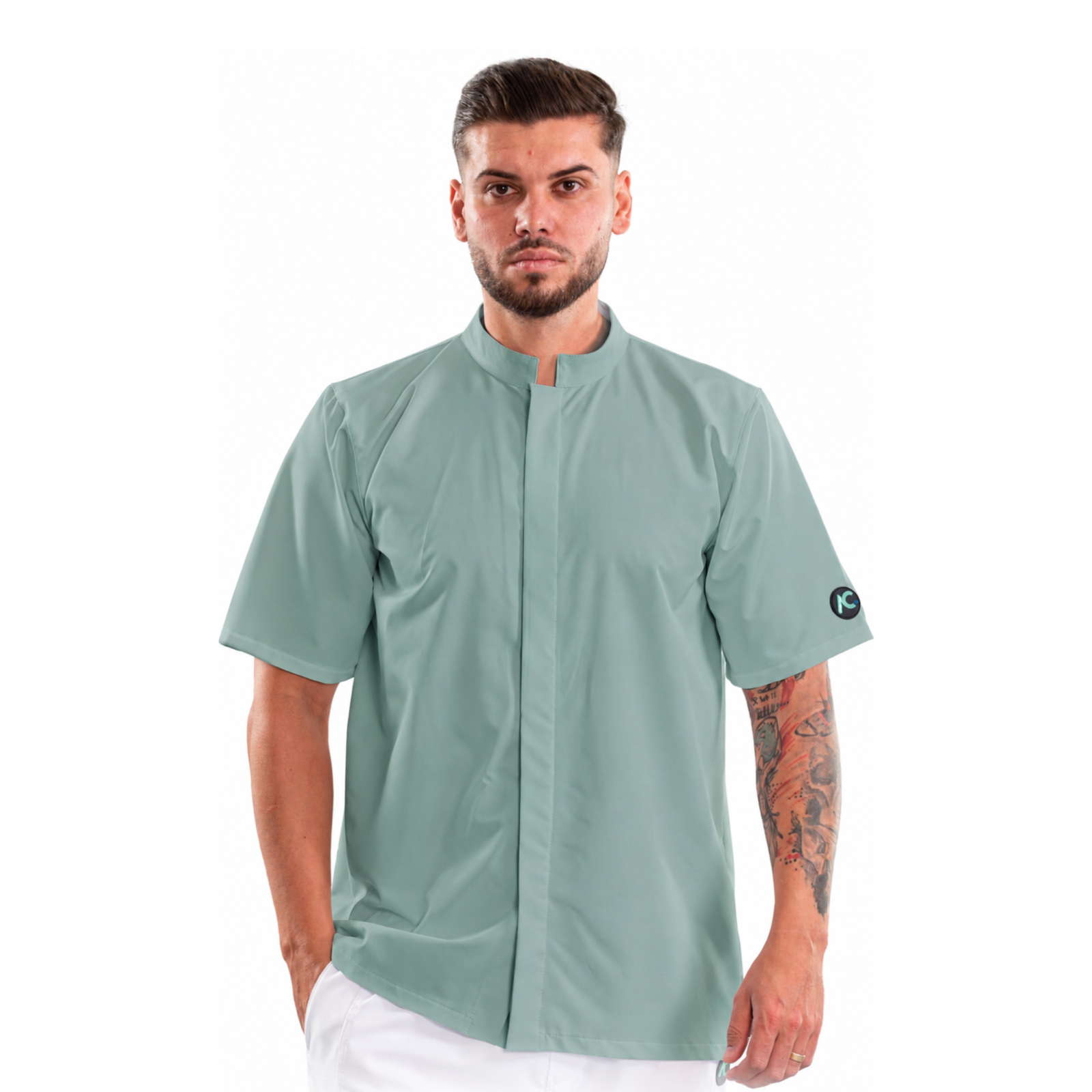 Men’s medical blouse with mandarin collar and concealed closure