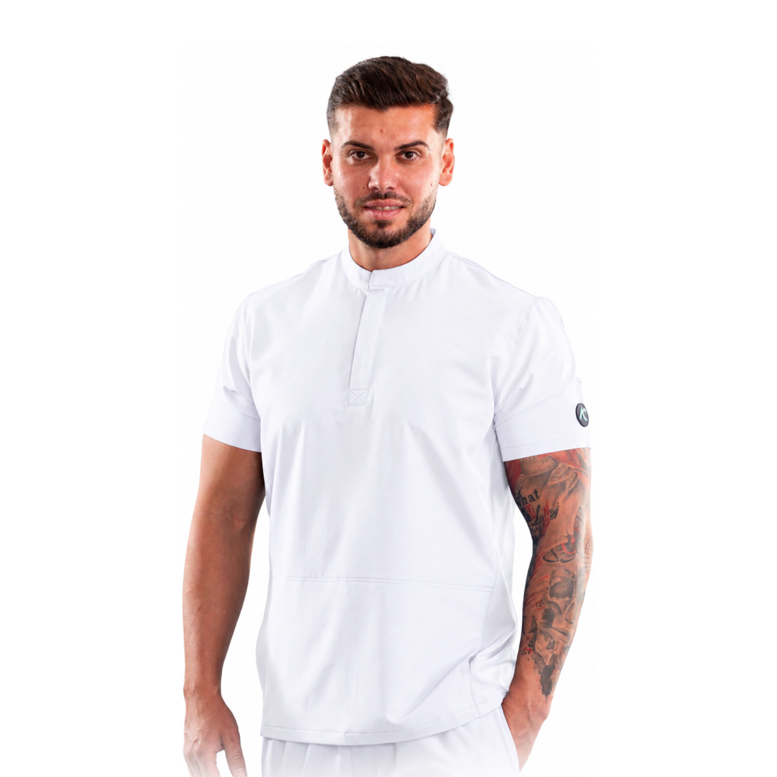 Men’s medical blouse with mandarin collar and concealed closure