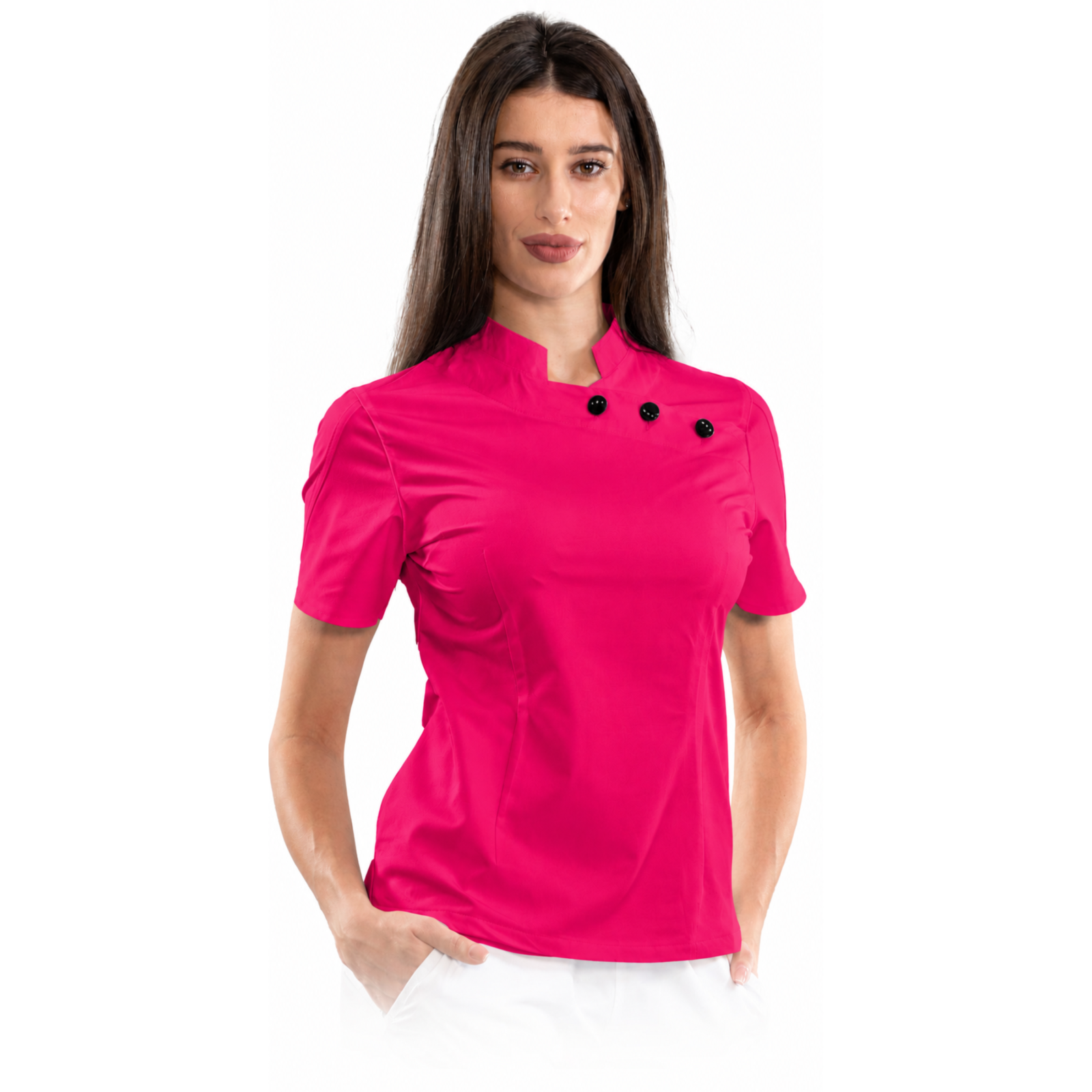 Women’s medical blouse with mandarin collar and decorative buttons