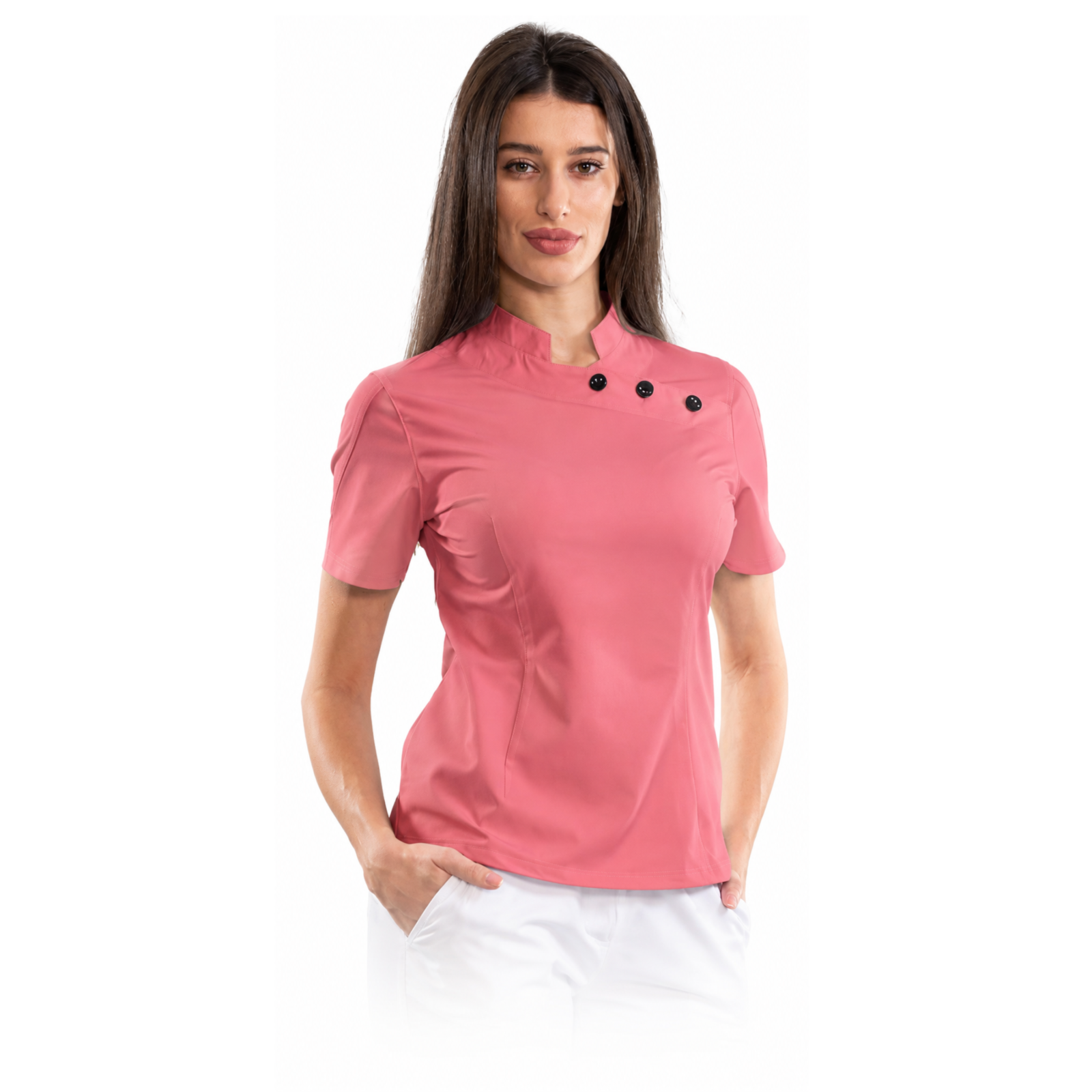 Women’s medical blouse with mandarin collar and decorative buttons