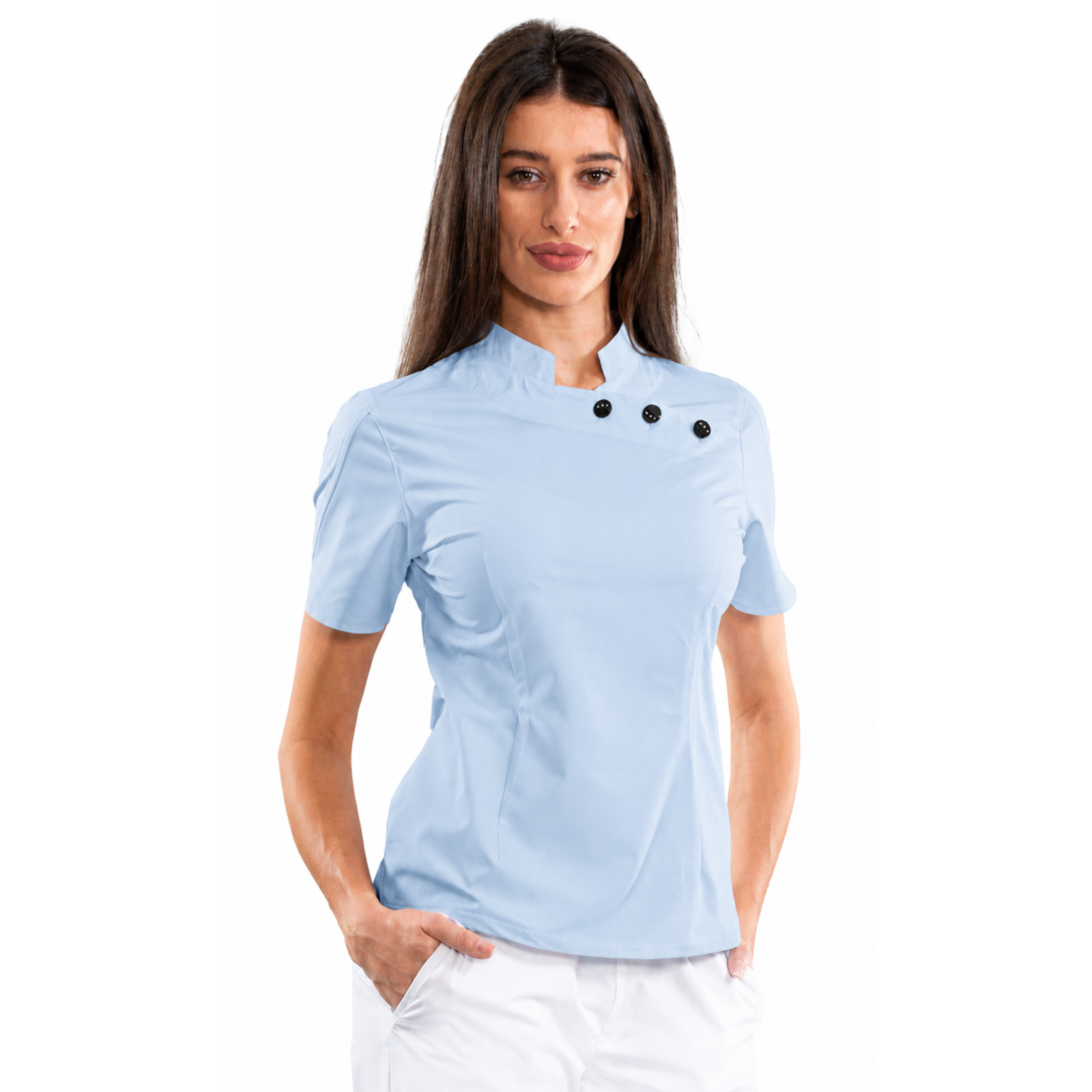 Women’s medical blouse with mandarin collar and decorative buttons