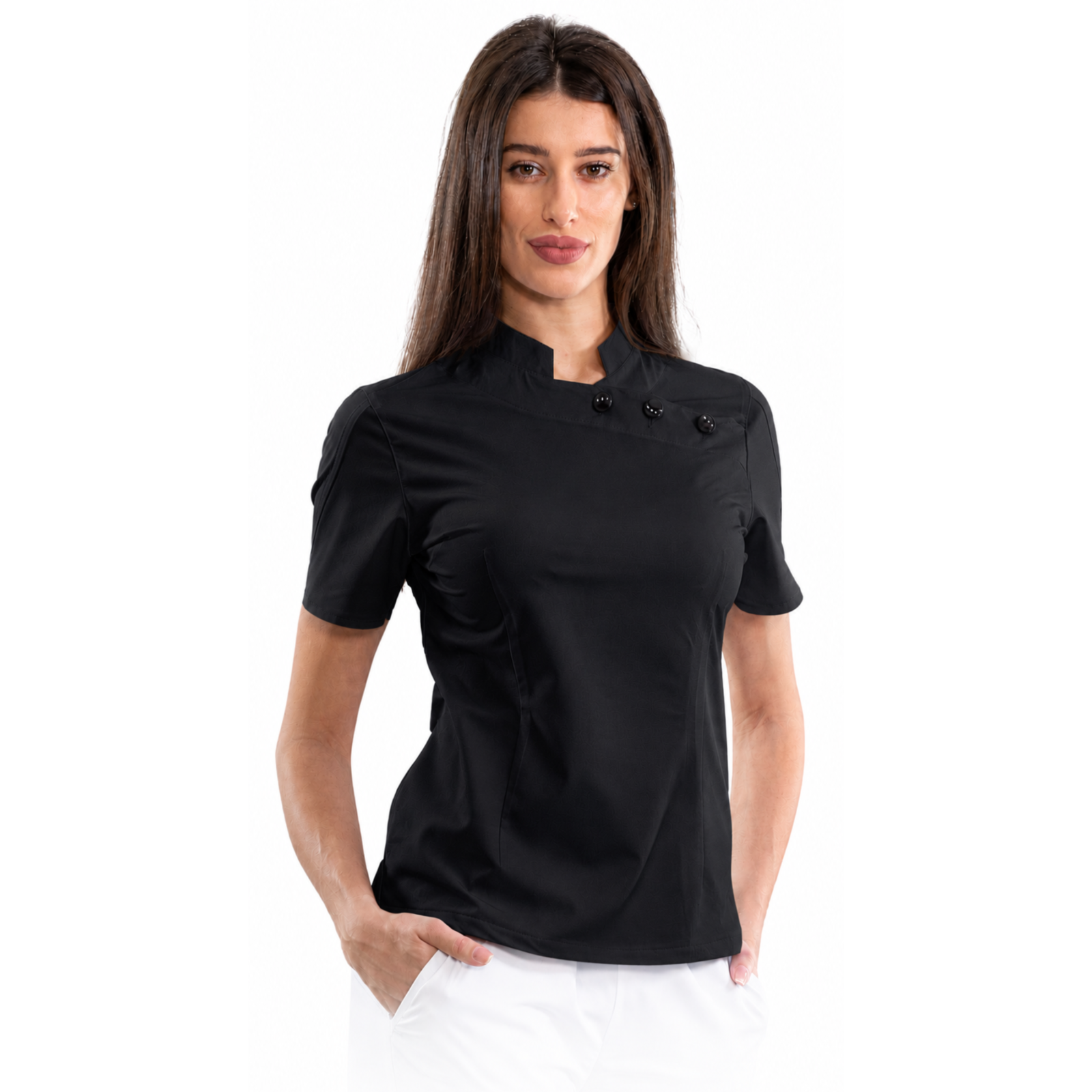 Women’s medical blouse with mandarin collar and decorative buttons