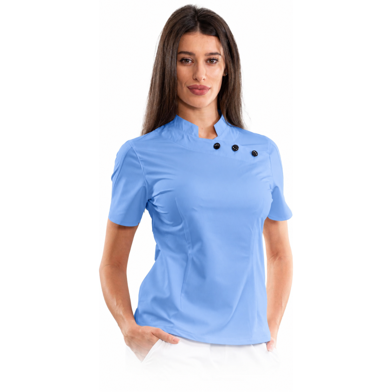 Women’s medical blouse with mandarin collar and decorative buttons