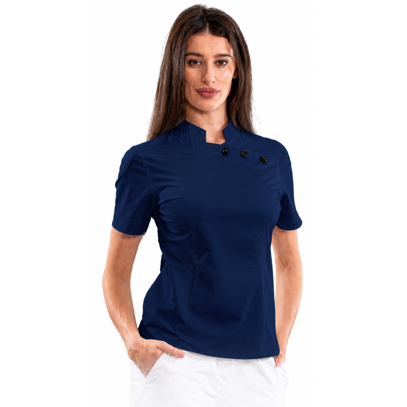 Women’s medical blouse with mandarin collar and decorative buttons