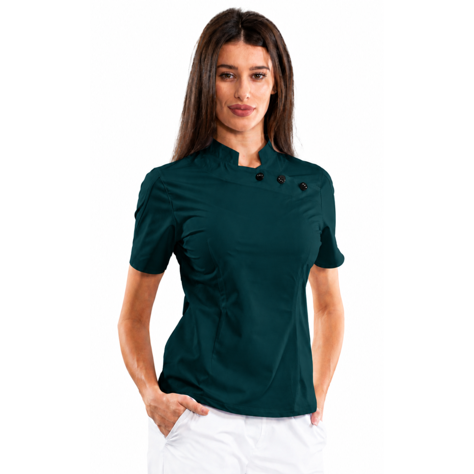 Women’s medical blouse with mandarin collar and decorative buttons