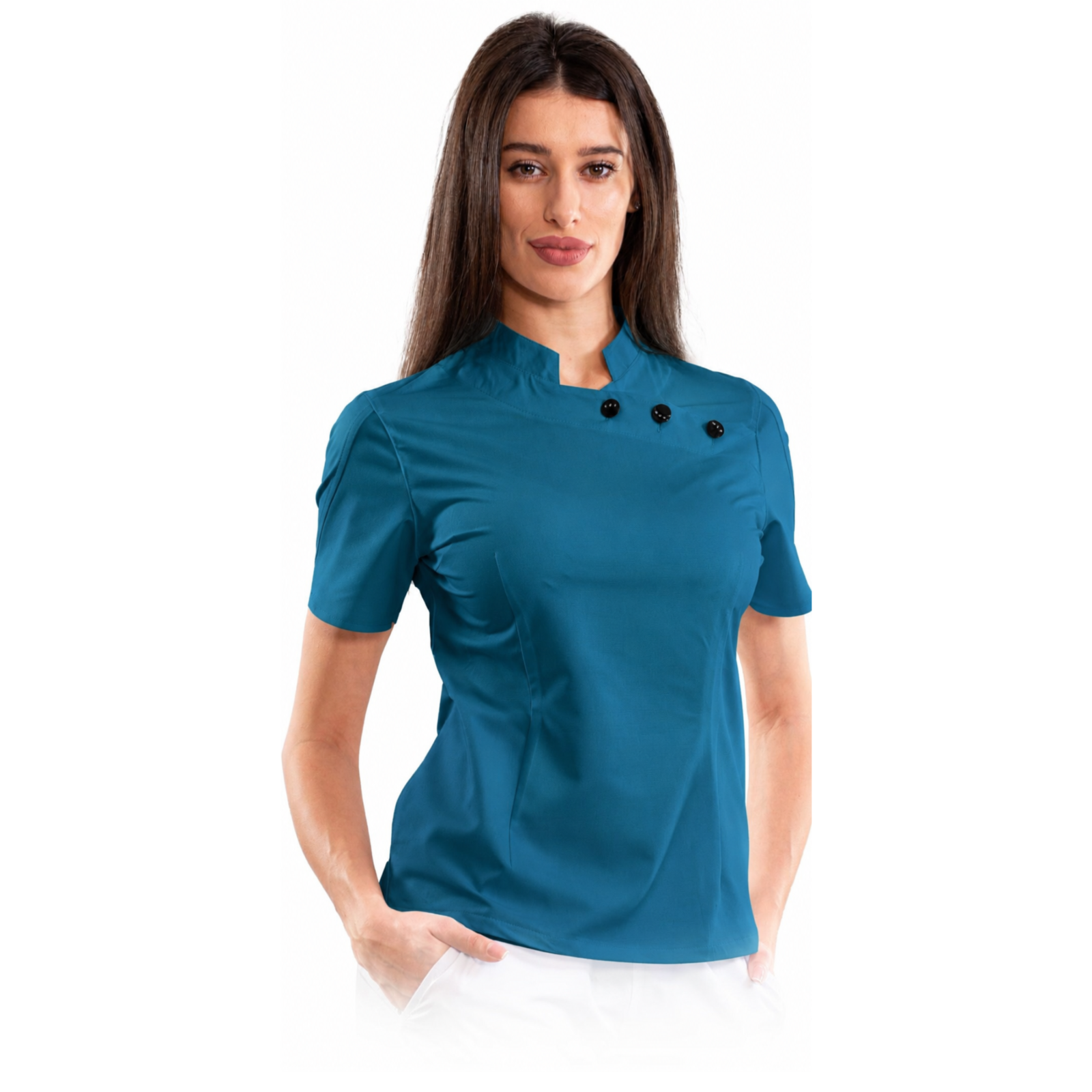 Women’s medical blouse with mandarin collar and decorative buttons