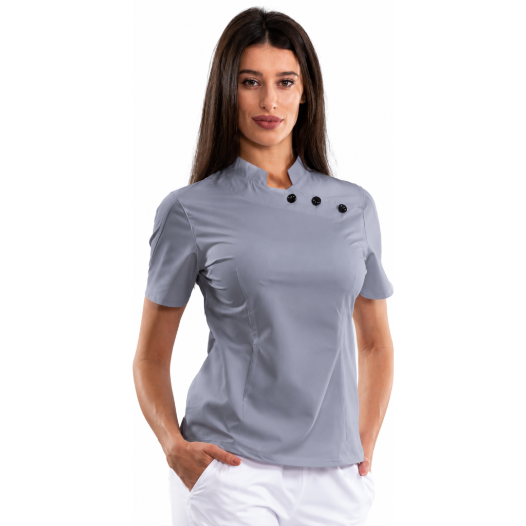 Women’s medical blouse with mandarin collar and decorative buttons