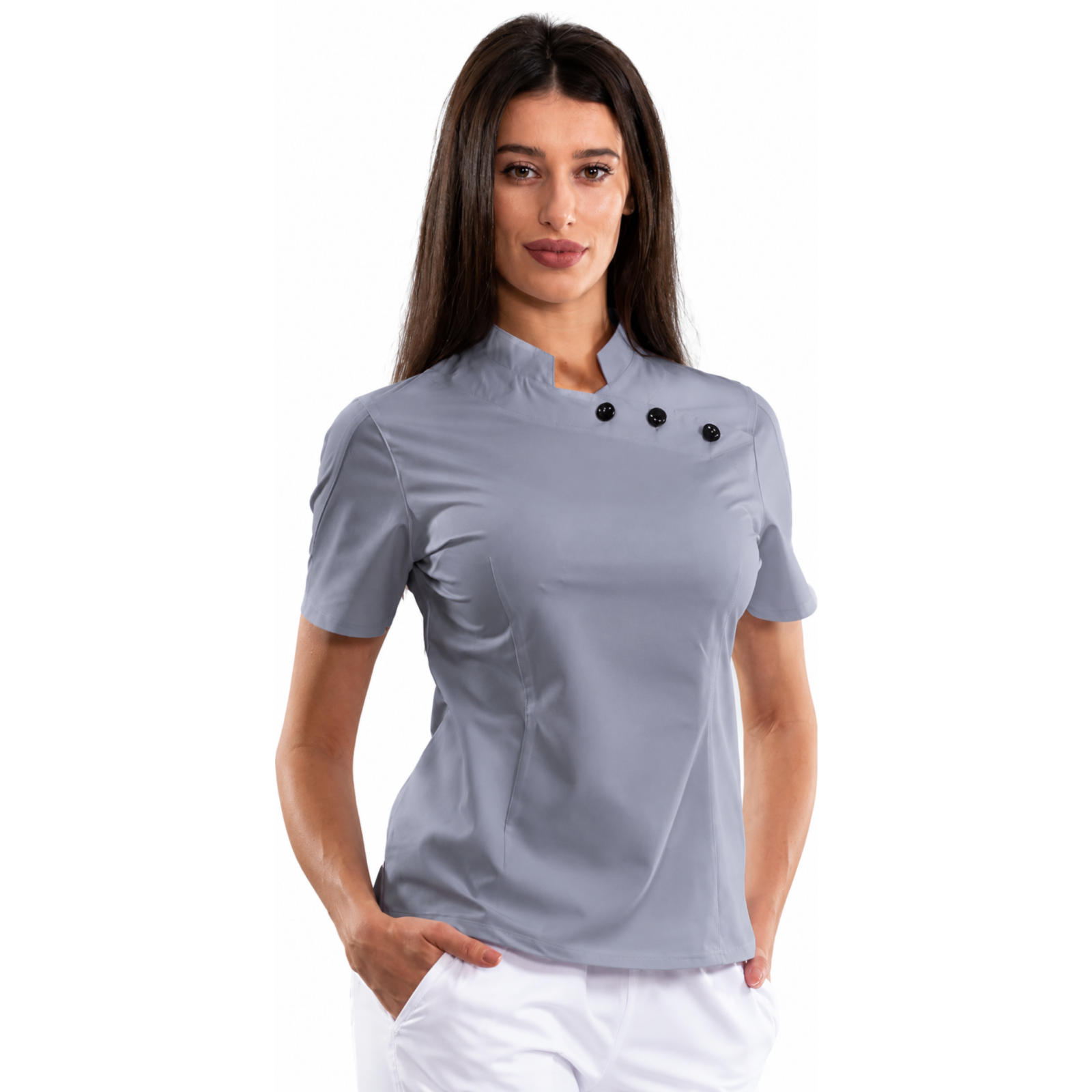 Women’s medical blouse with mandarin collar and decorative buttons