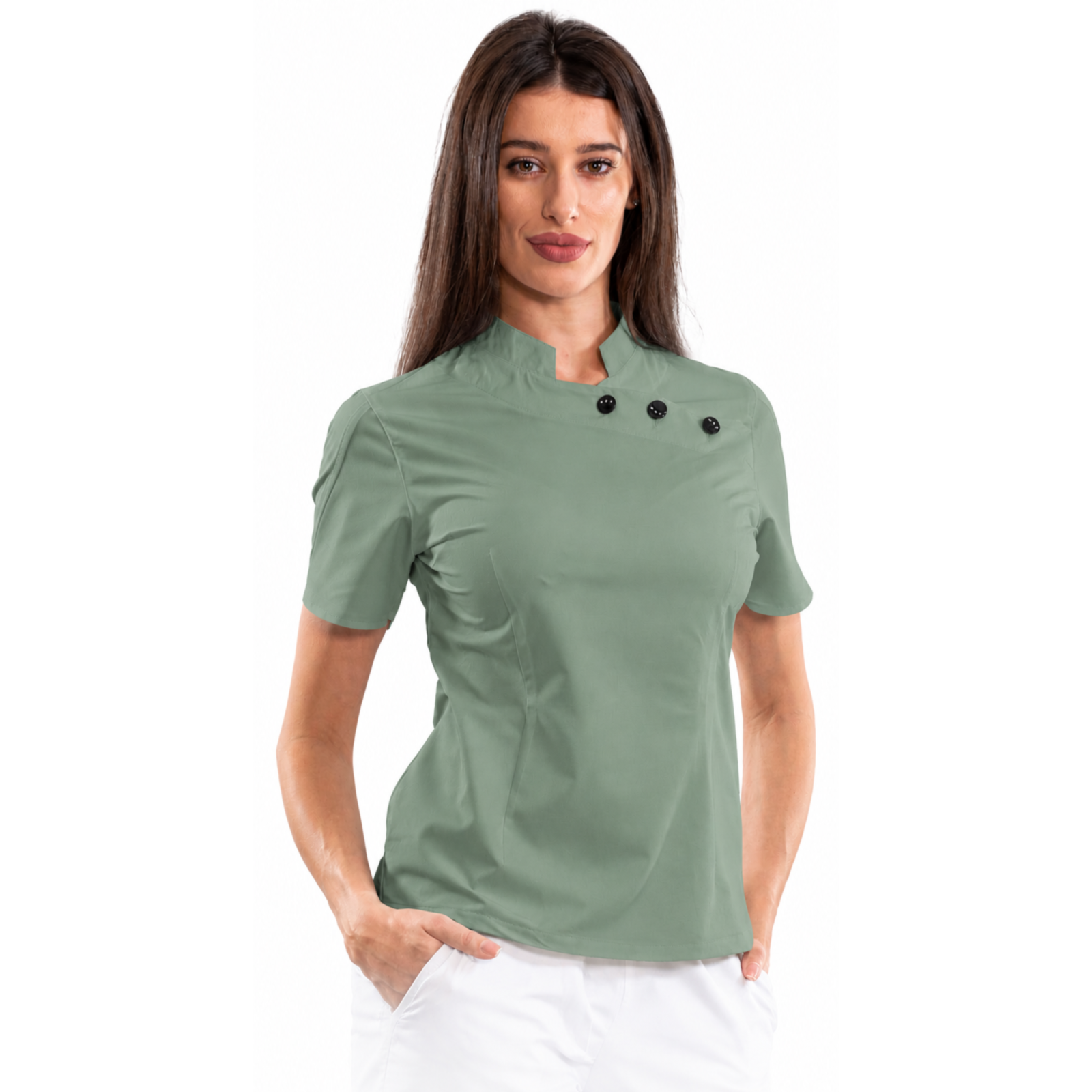 Women’s medical blouse with mandarin collar and decorative buttons
