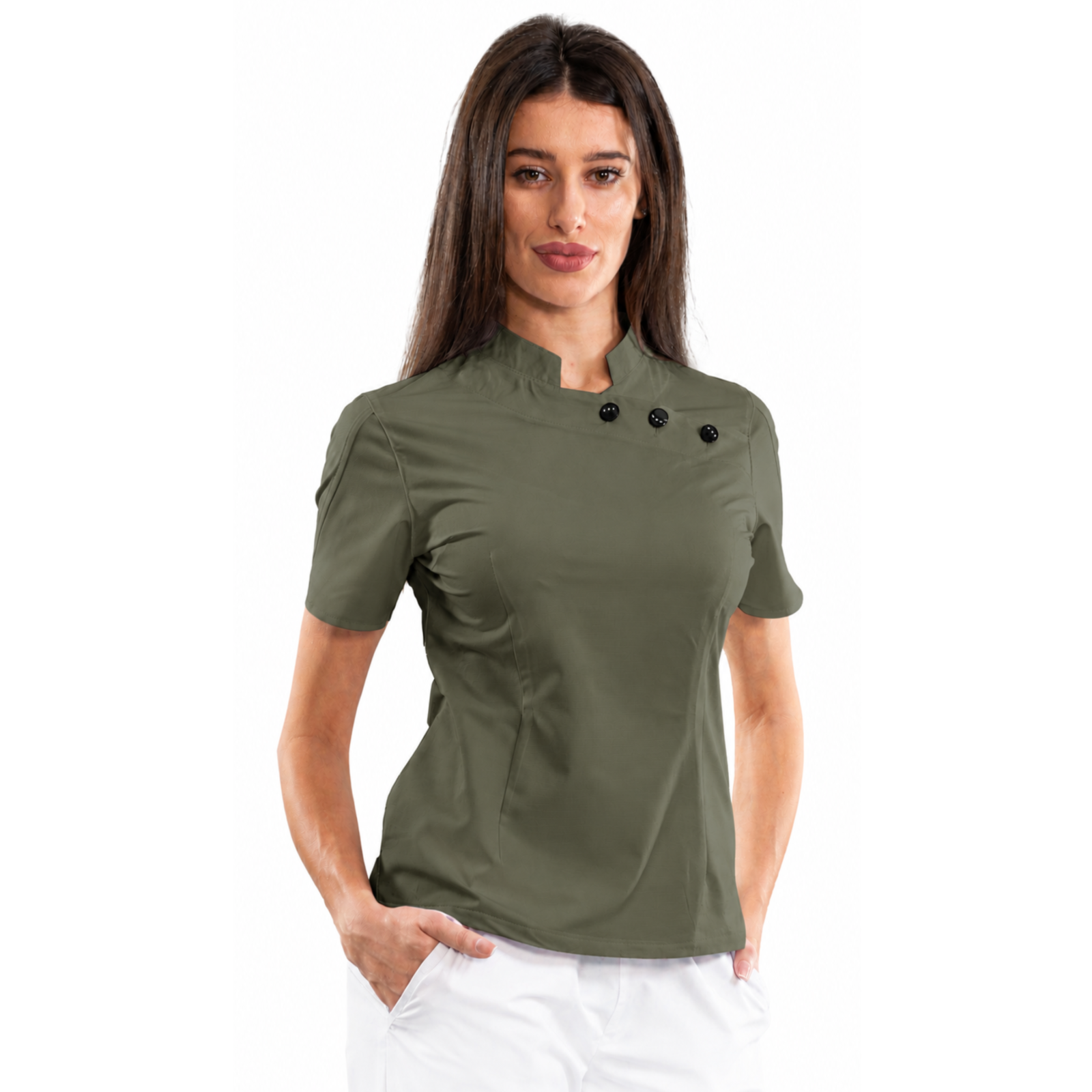 Women’s medical blouse with mandarin collar and decorative buttons