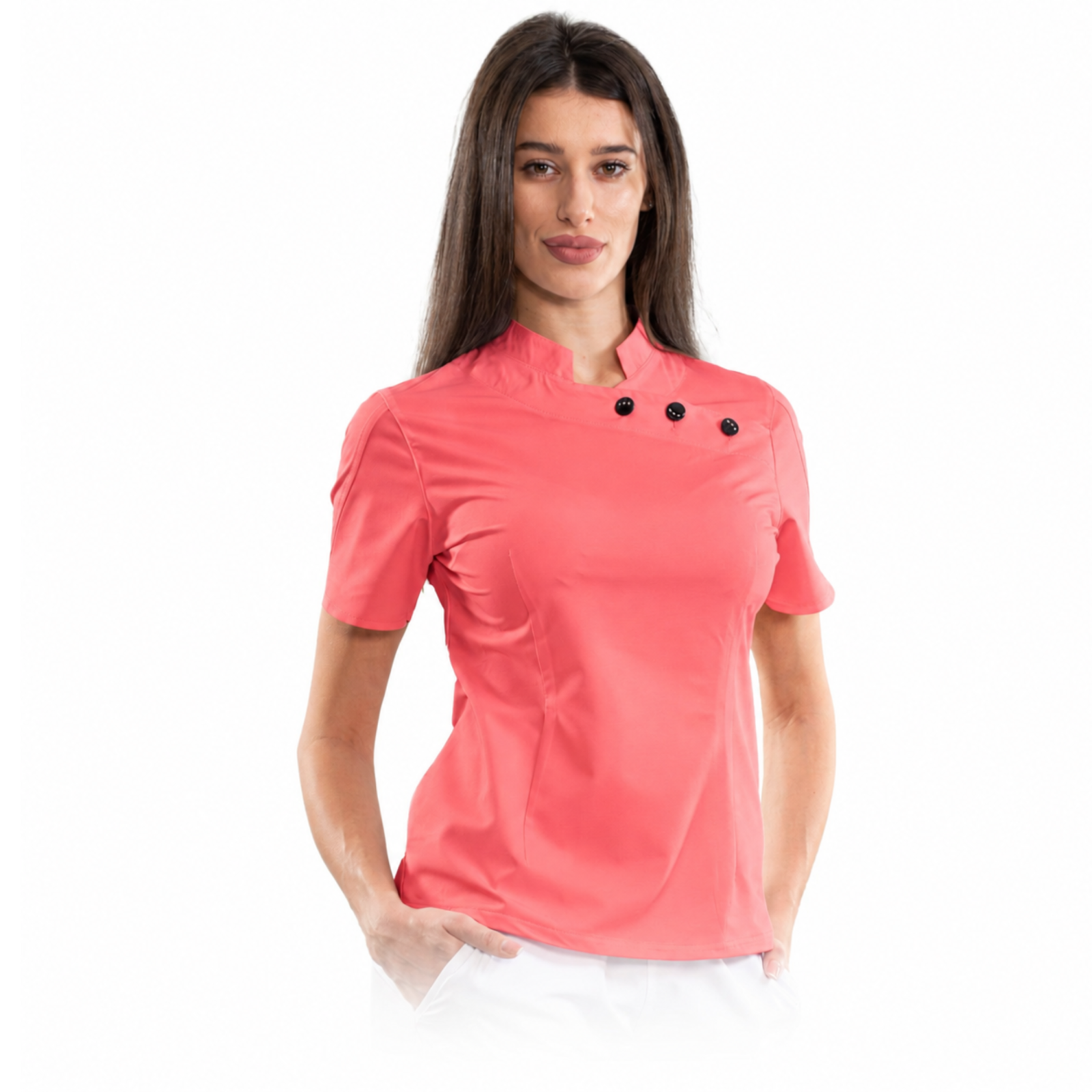 Women’s medical blouse with mandarin collar and decorative buttons