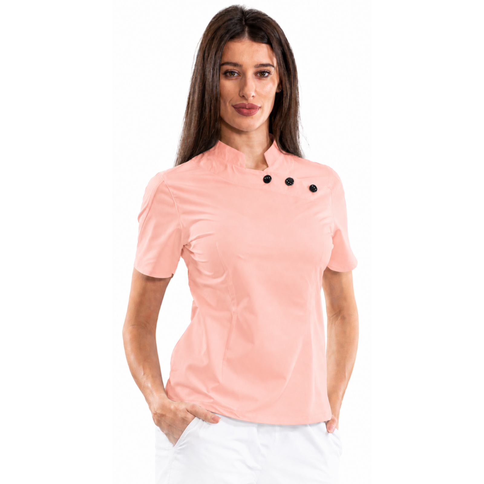 Women’s medical blouse with mandarin collar and decorative buttons