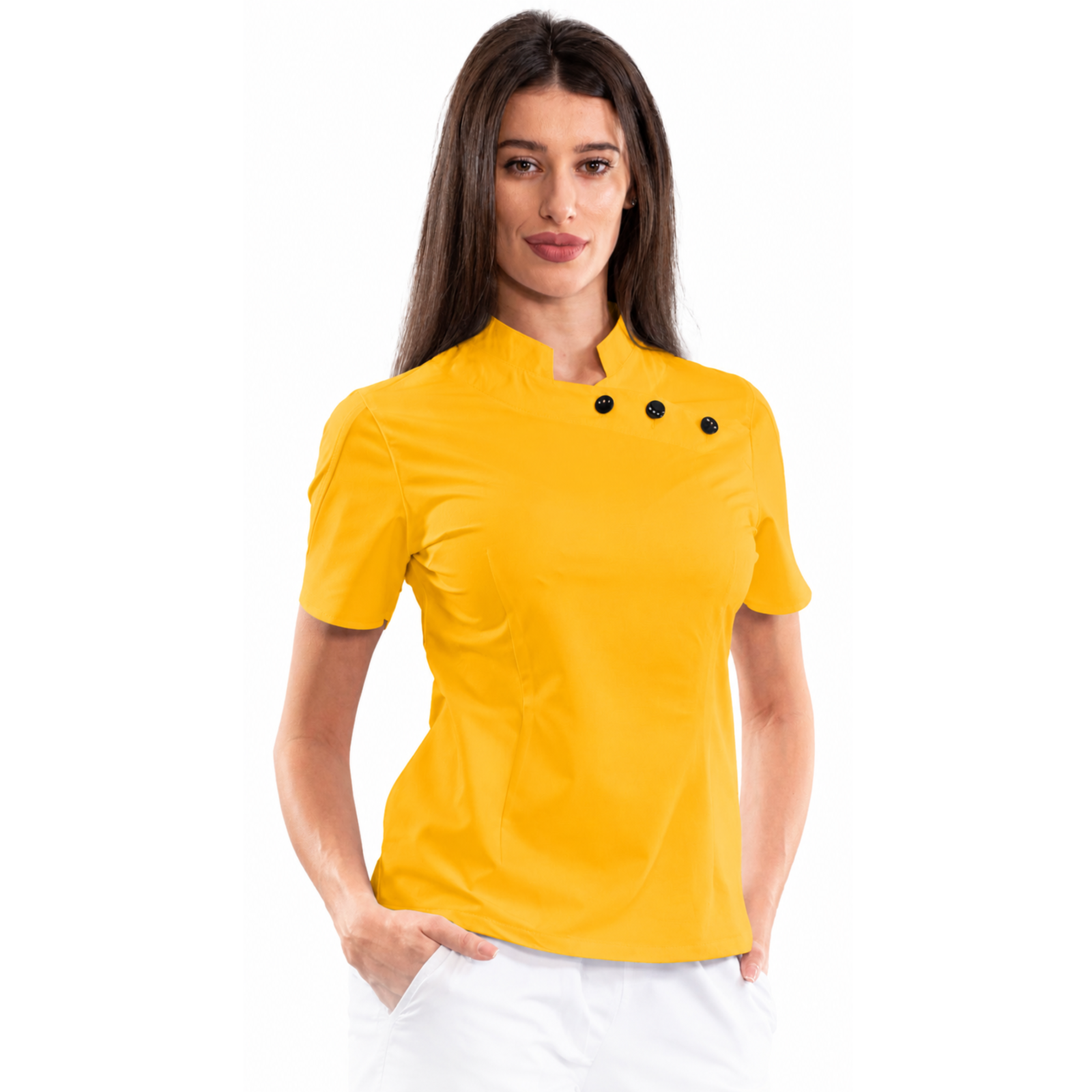 Women’s medical blouse with mandarin collar and decorative buttons