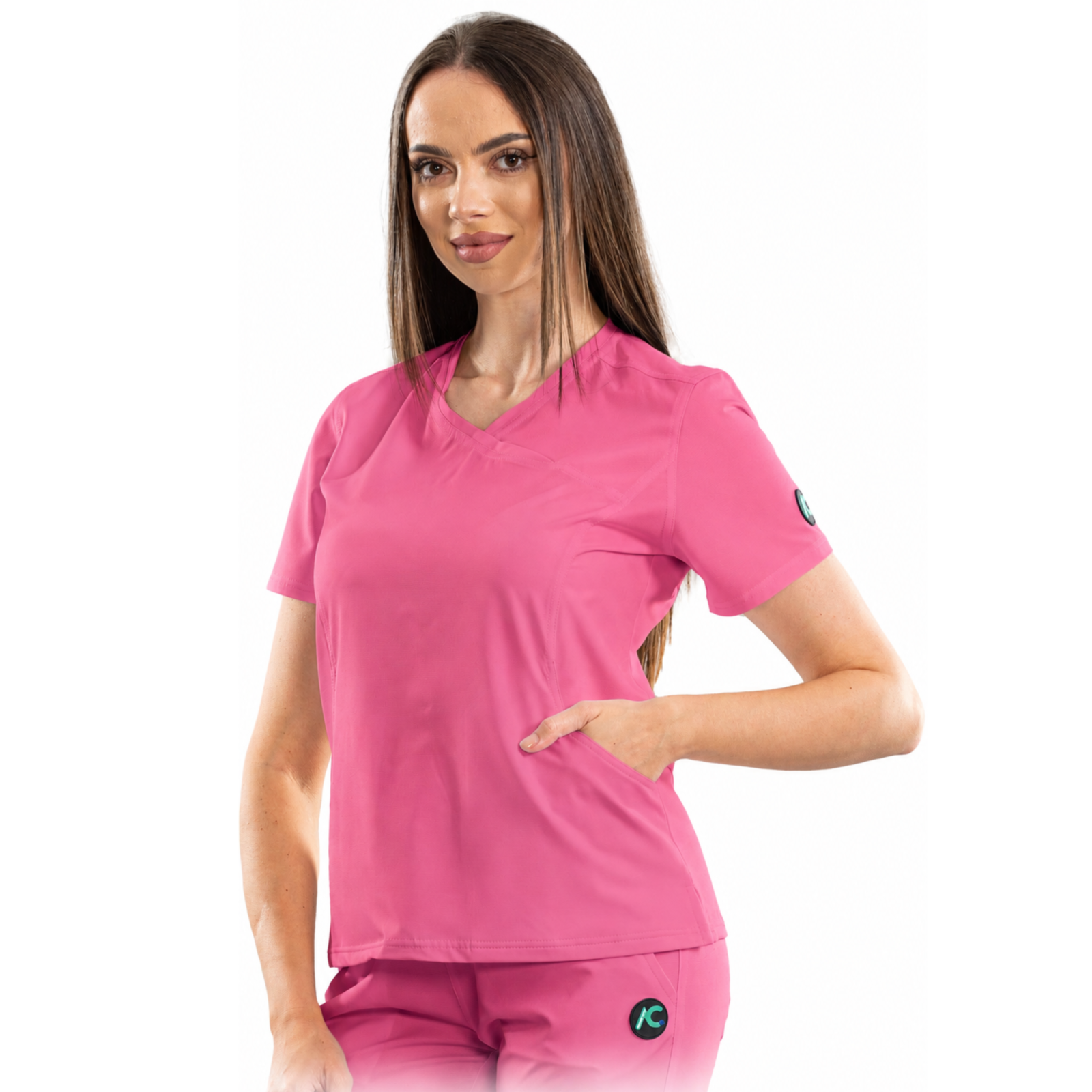 Women’s Wrap-style medical blouse with asymmetrical neckline