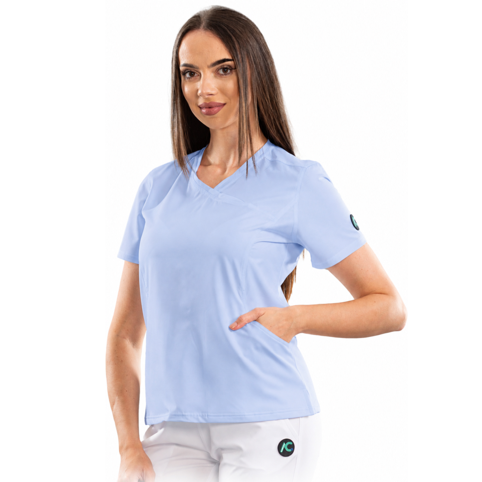 Women’s Wrap-style medical blouse with asymmetrical neckline