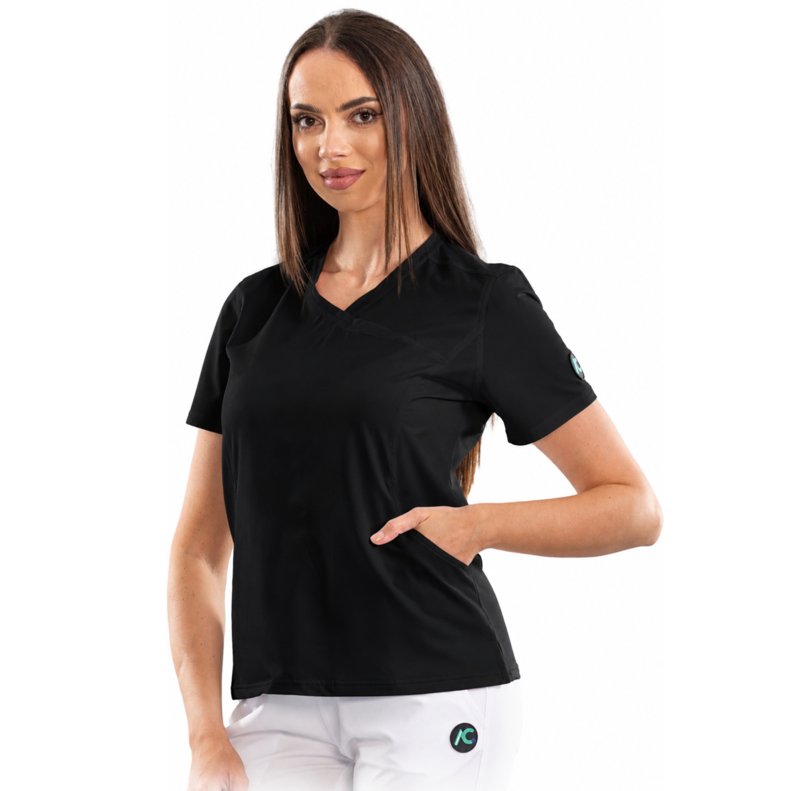 Women’s Wrap-style medical blouse with asymmetrical neckline