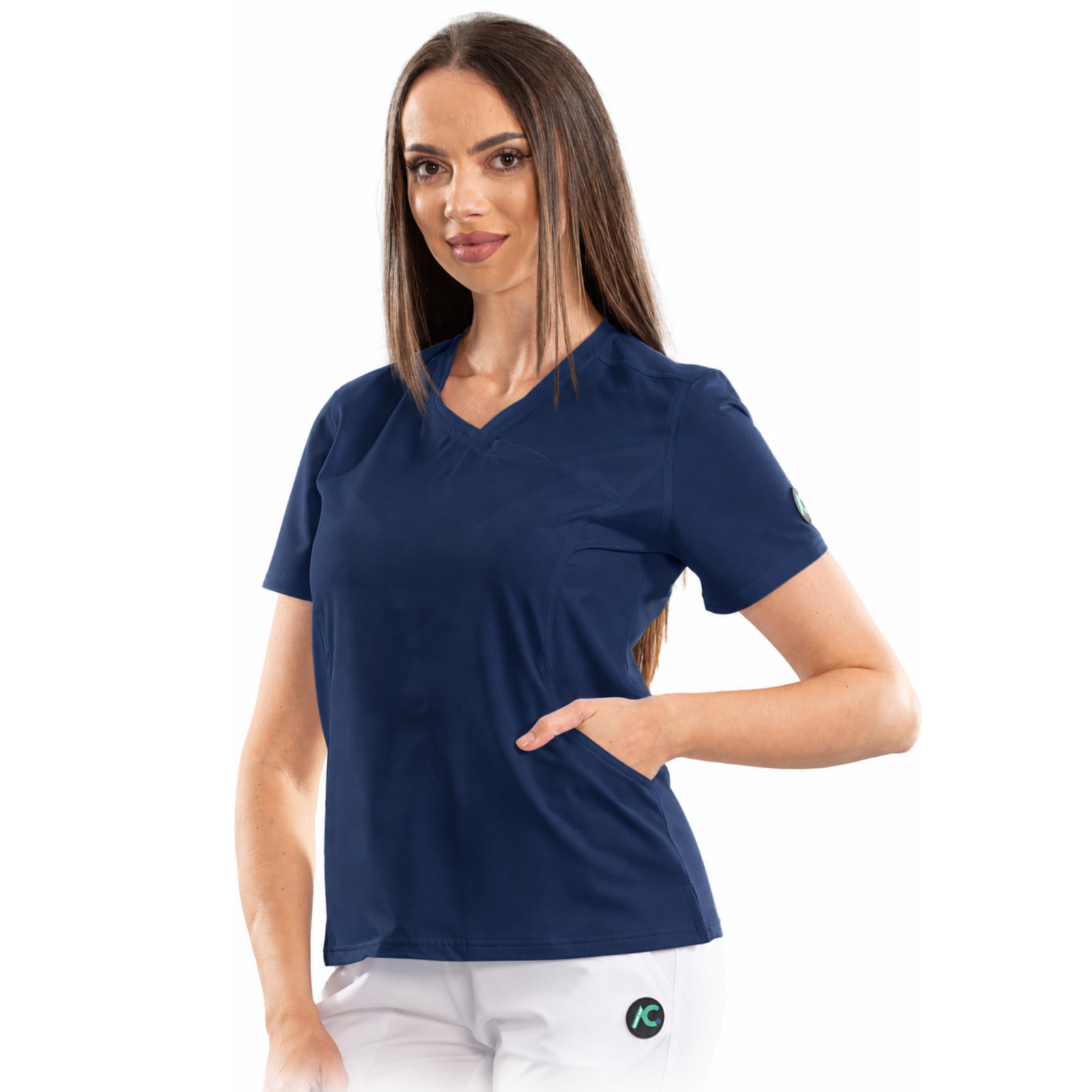 Women’s Wrap-style medical blouse with asymmetrical neckline