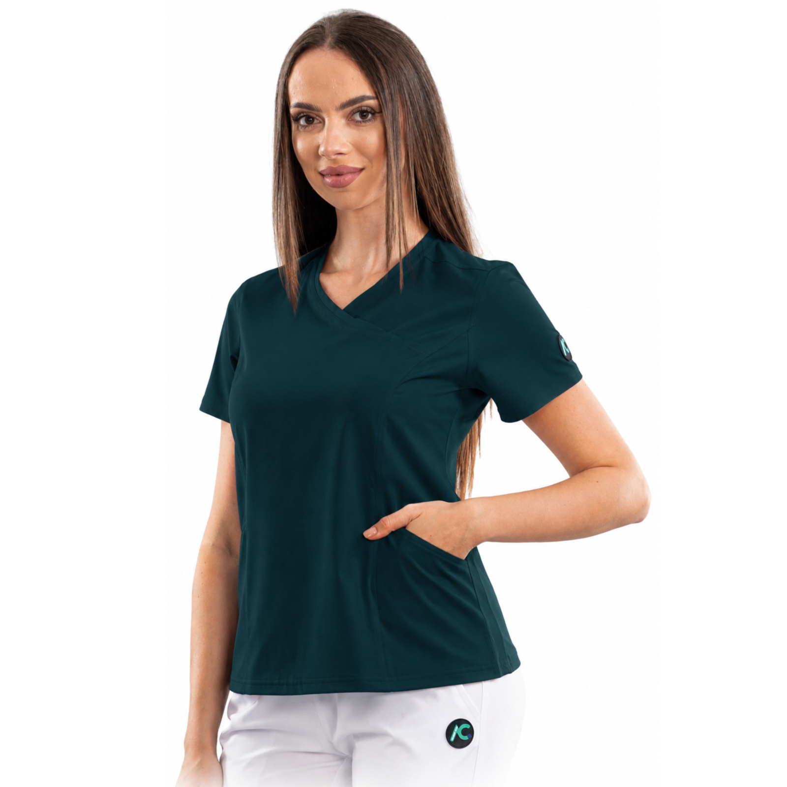 Women’s Wrap-style medical blouse with asymmetrical neckline