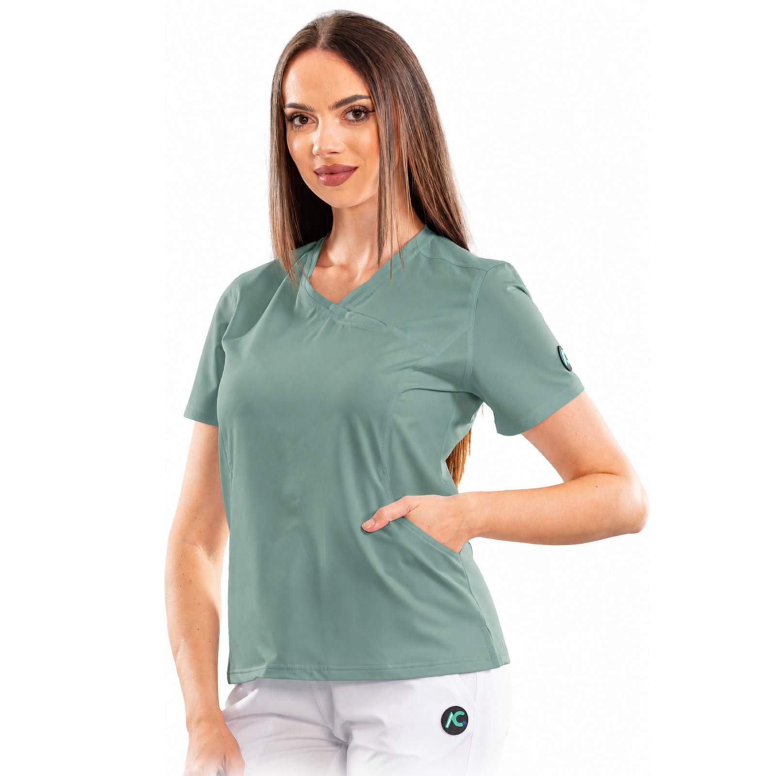 Women’s Wrap-style medical blouse with asymmetrical neckline