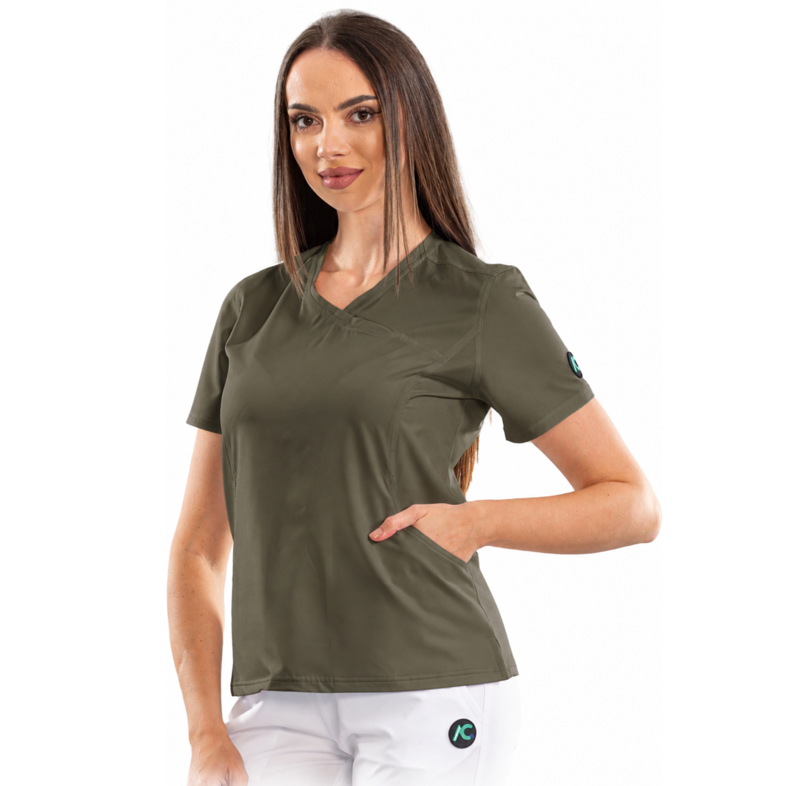 Women’s Wrap-style medical blouse with asymmetrical neckline
