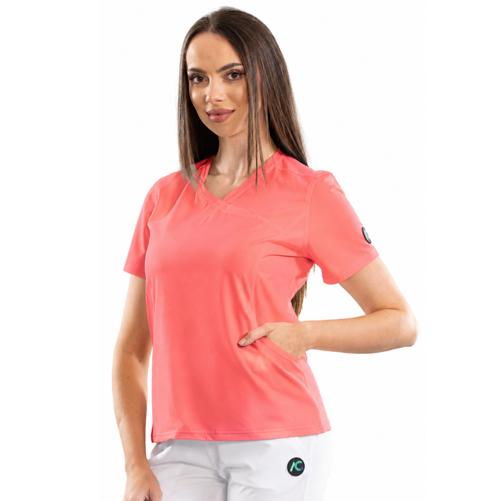 Women’s Wrap-style medical blouse with asymmetrical neckline
