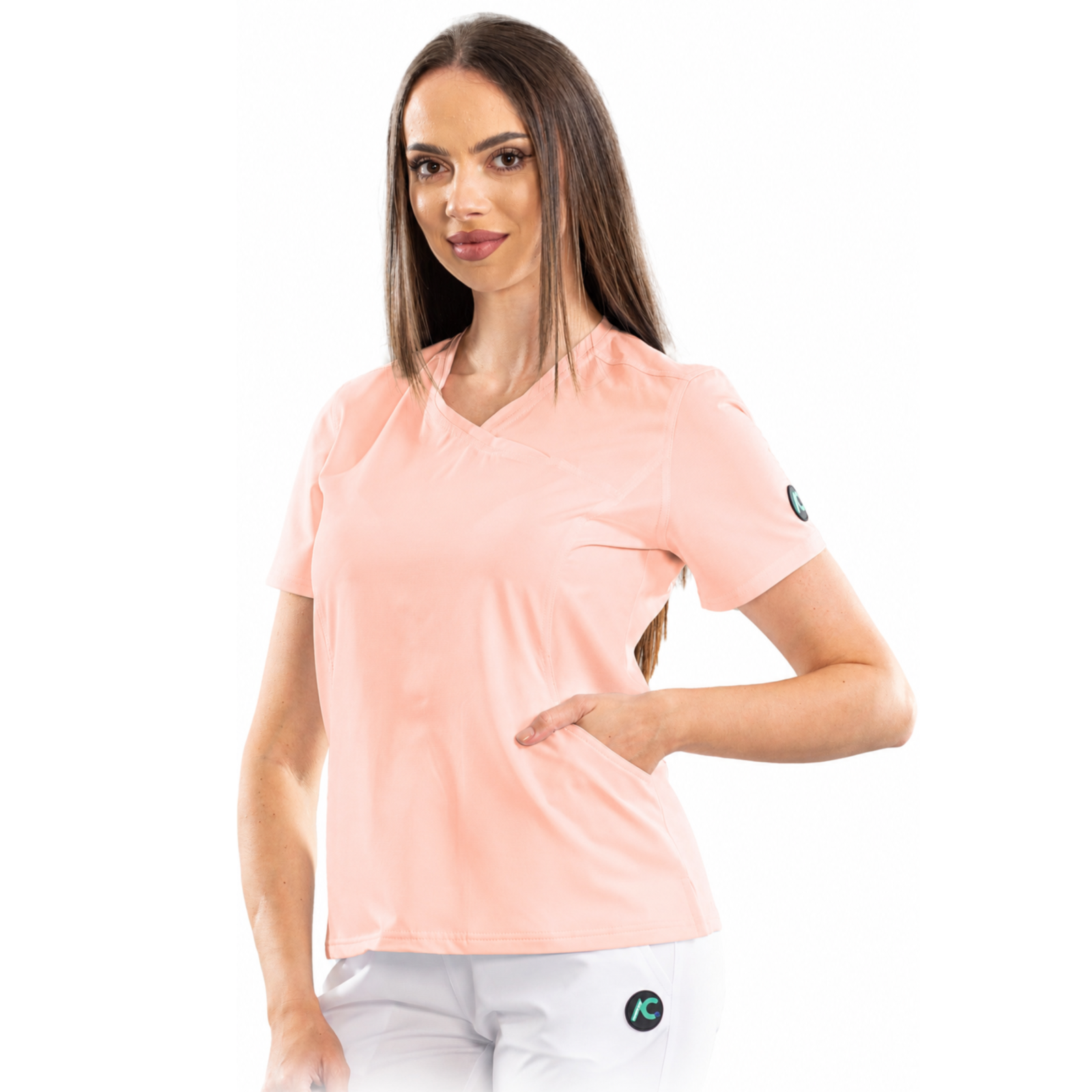 Women’s Wrap-style medical blouse with asymmetrical neckline