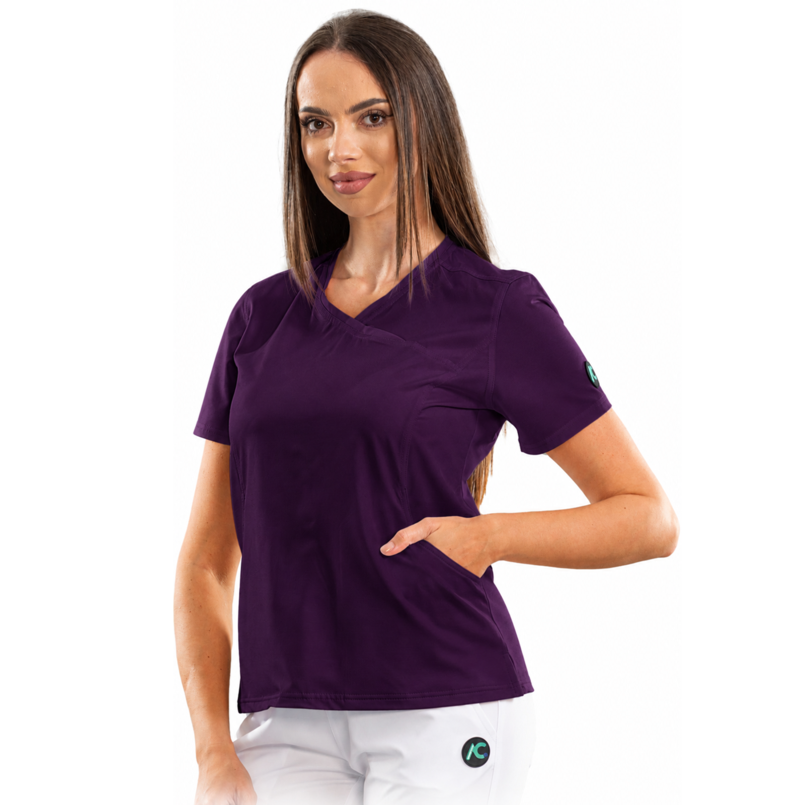 Women’s Wrap-style medical blouse with asymmetrical neckline