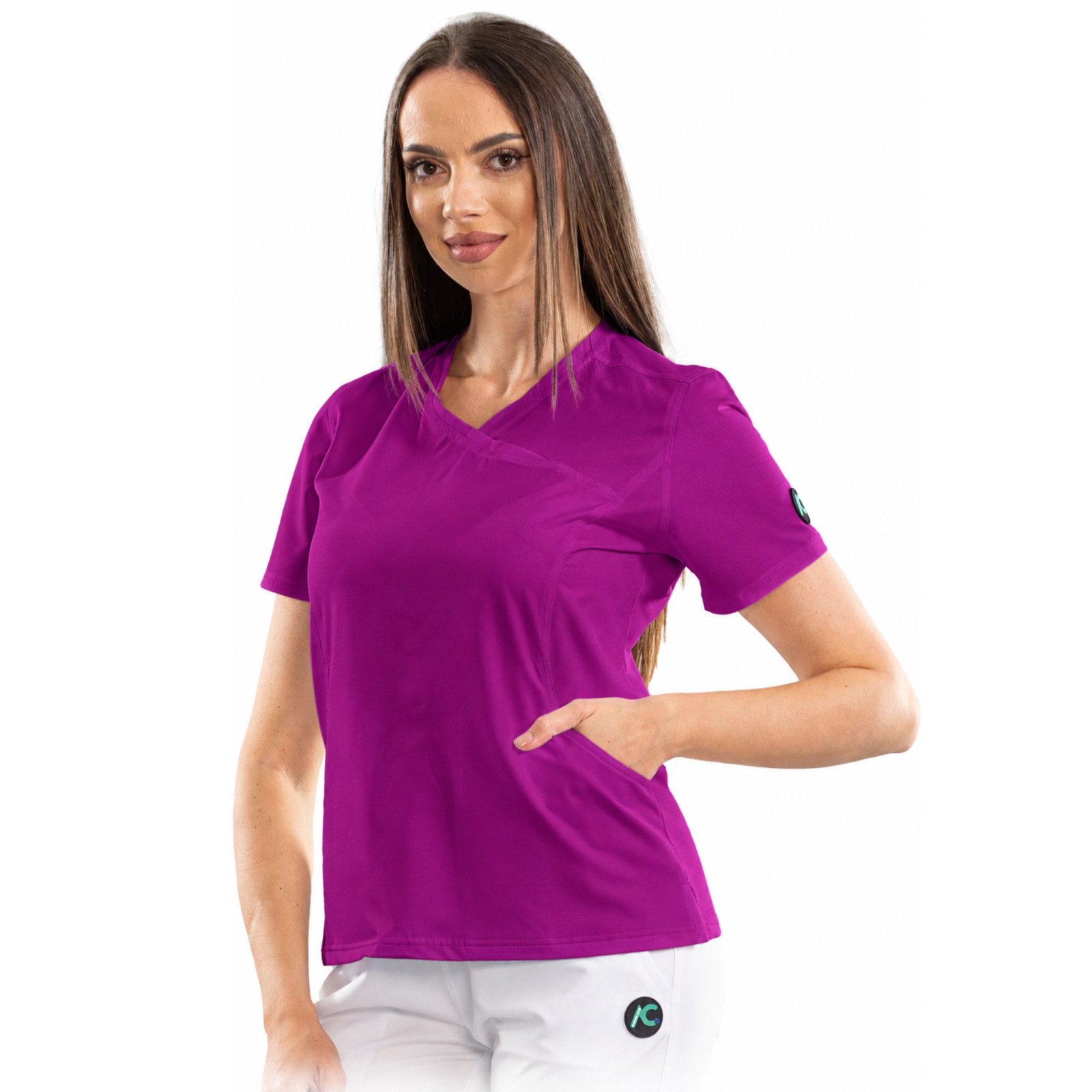 Women’s Wrap-style medical blouse with asymmetrical neckline