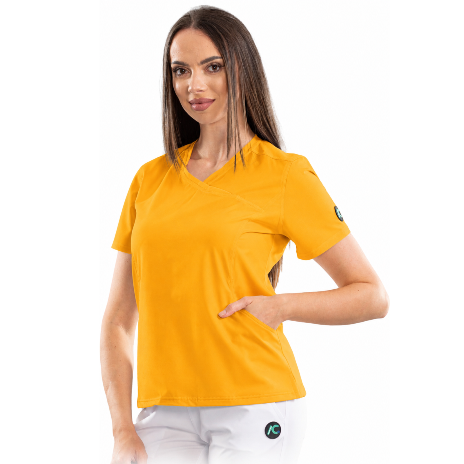 Women’s Wrap-style medical blouse with asymmetrical neckline