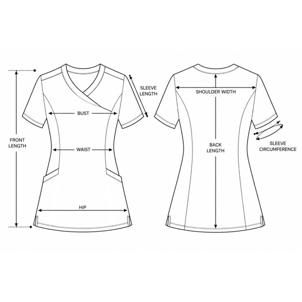 Women’s Wrap-style medical blouse with asymmetrical neckline
