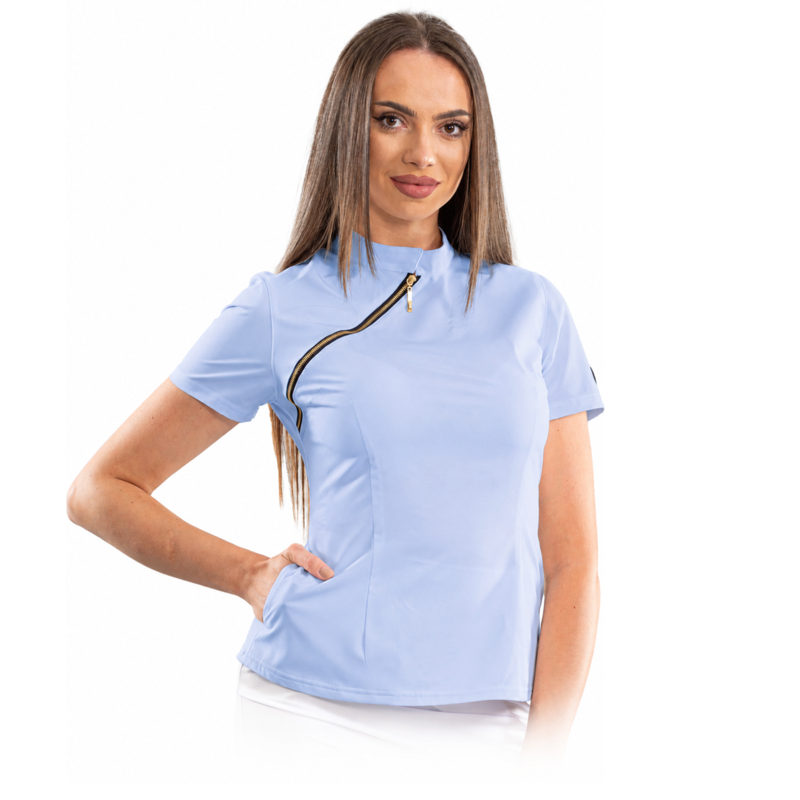 Luxury women’s medical blouse with asymmetrical zipper