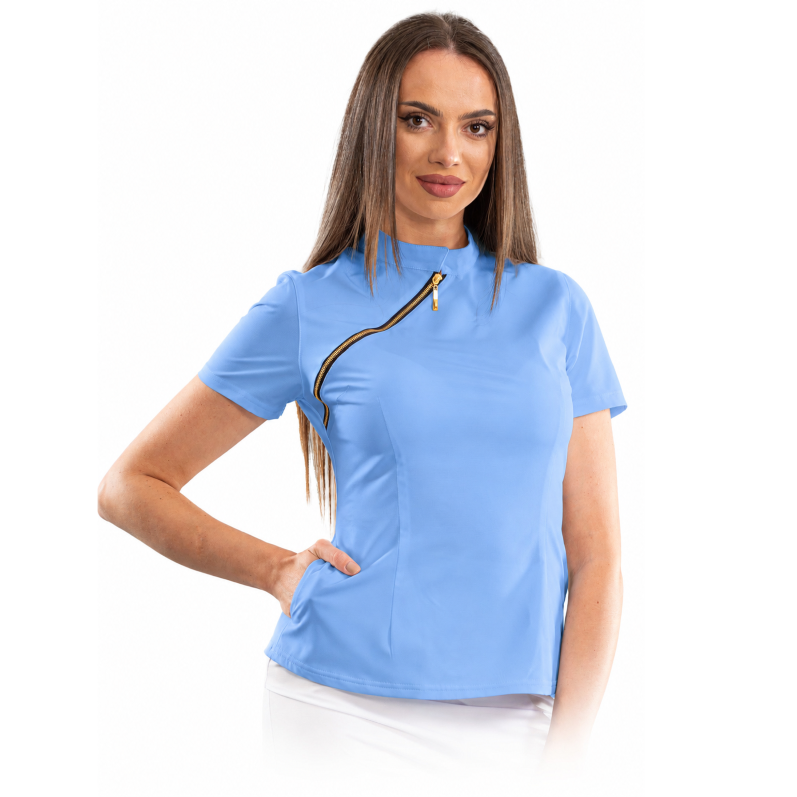 Luxury women’s medical blouse with asymmetrical zipper