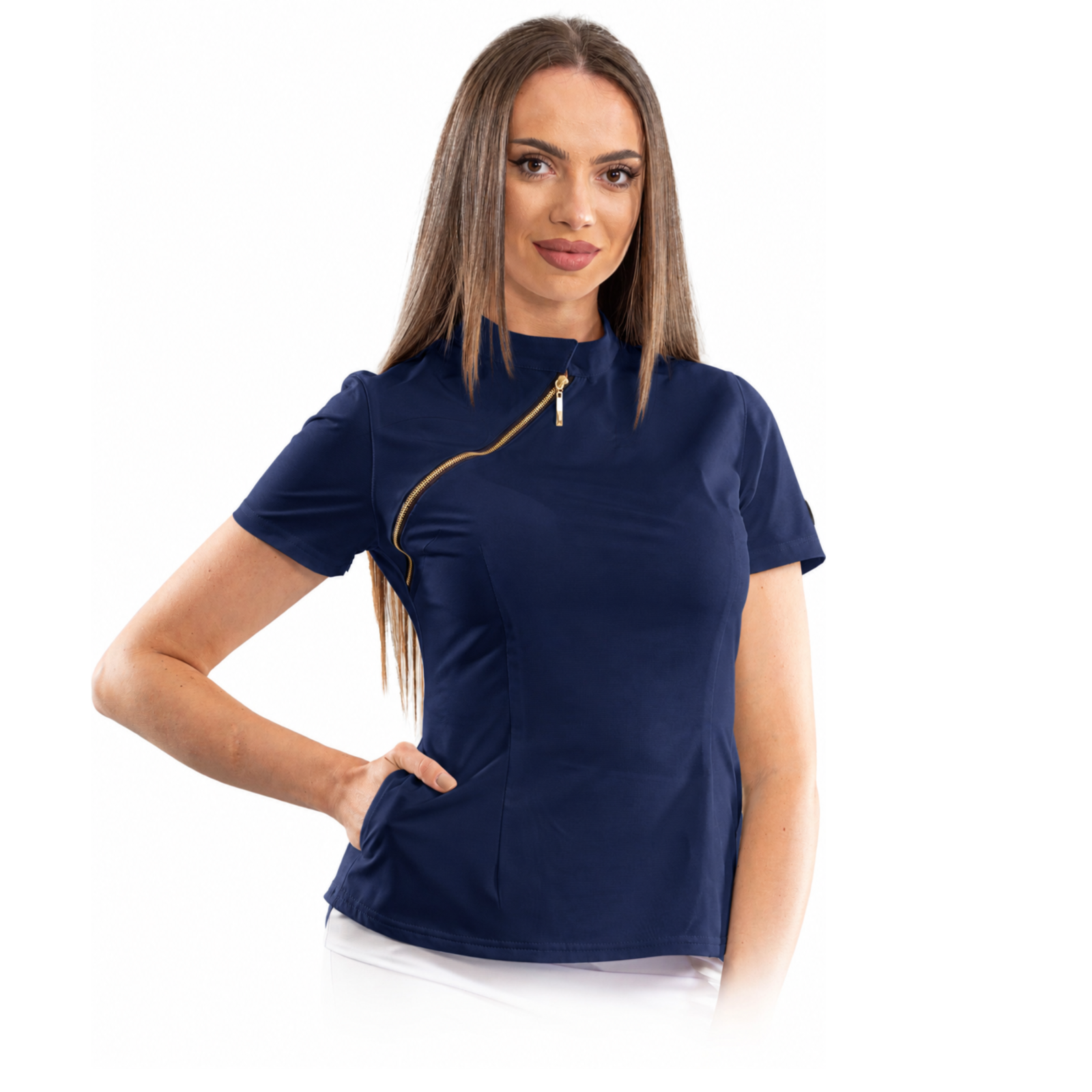 Luxury women’s medical blouse with asymmetrical zipper