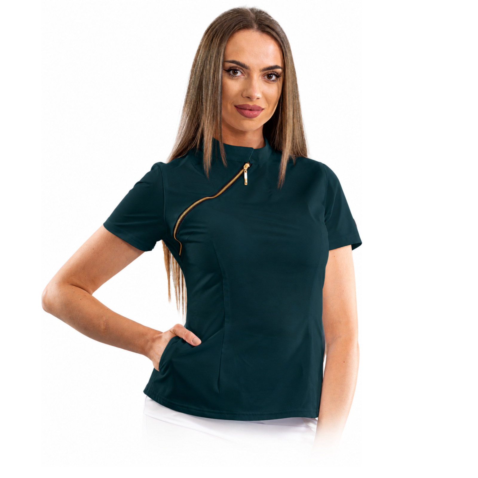 Luxury women’s medical blouse with asymmetrical zipper