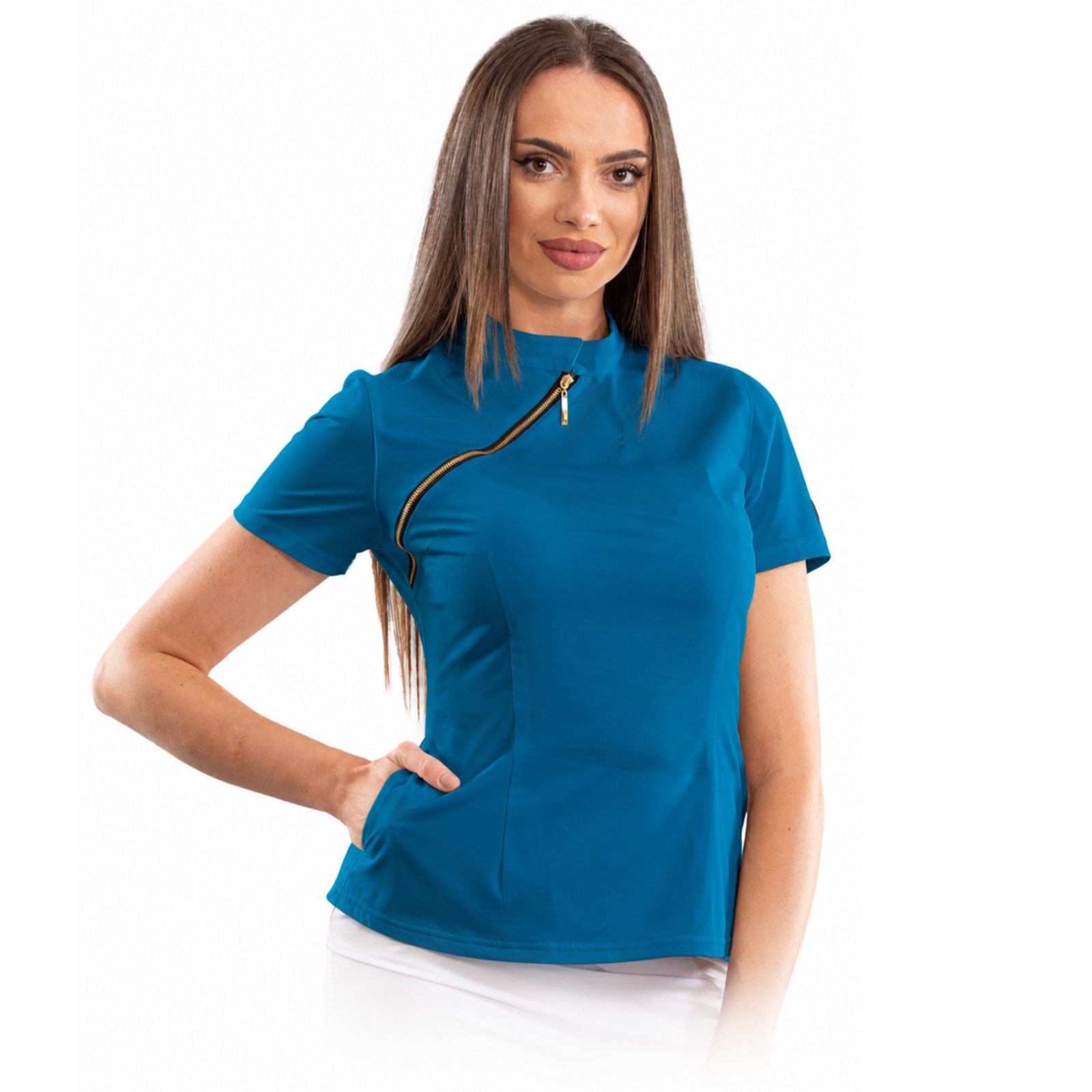 Luxury women’s medical blouse with asymmetrical zipper