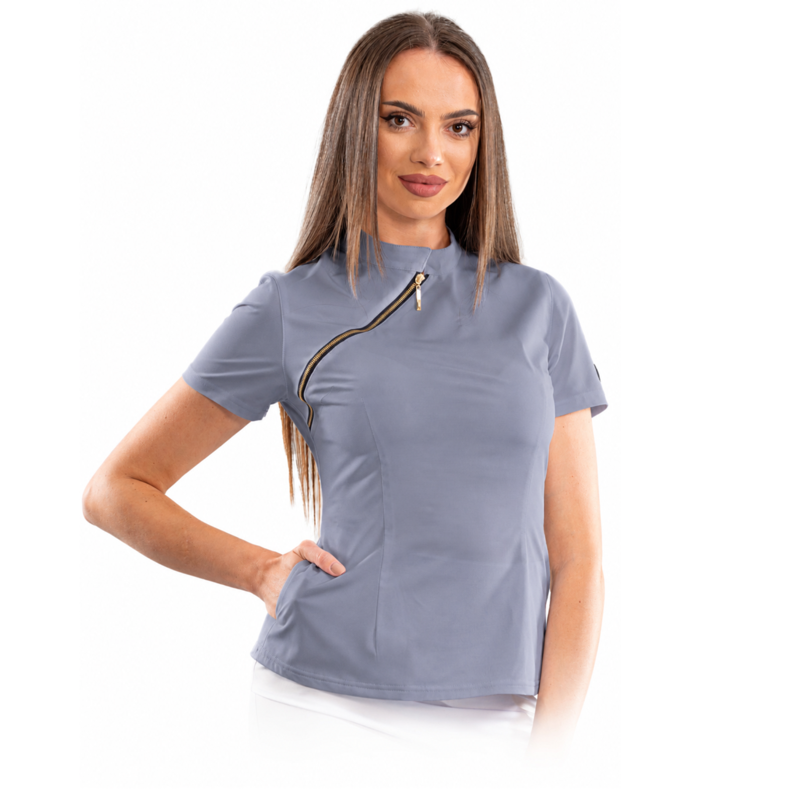 Luxury women’s medical blouse with asymmetrical zipper