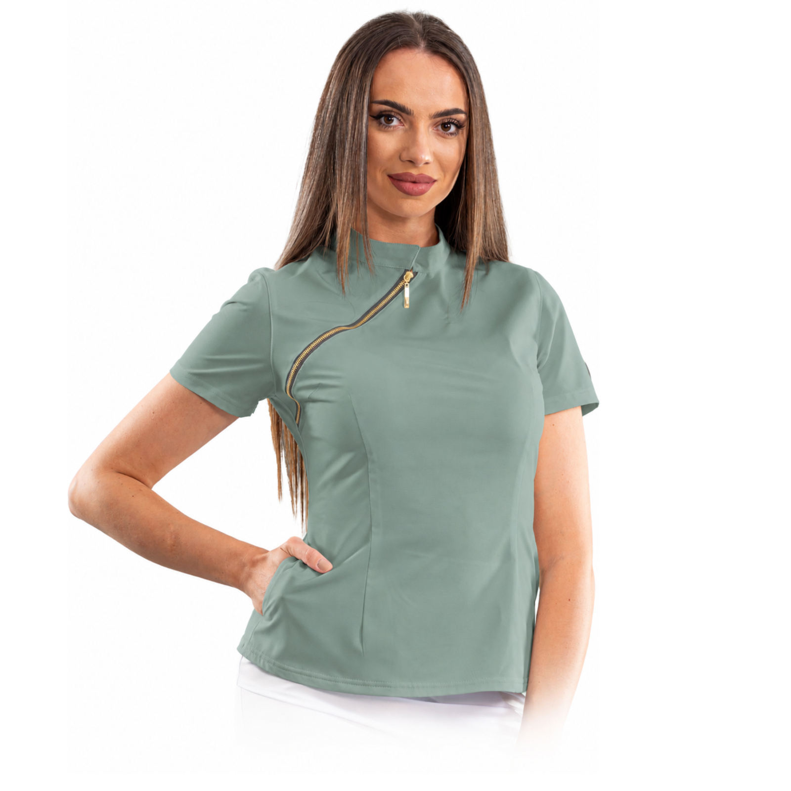 Luxury women’s medical blouse with asymmetrical zipper