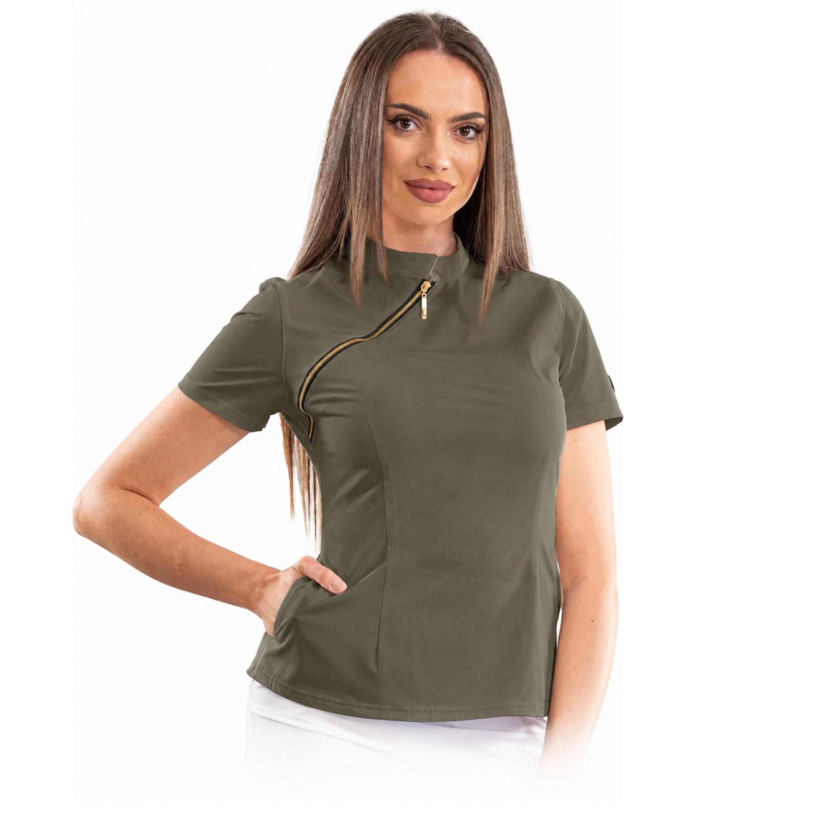 Luxury women’s medical blouse with asymmetrical zipper
