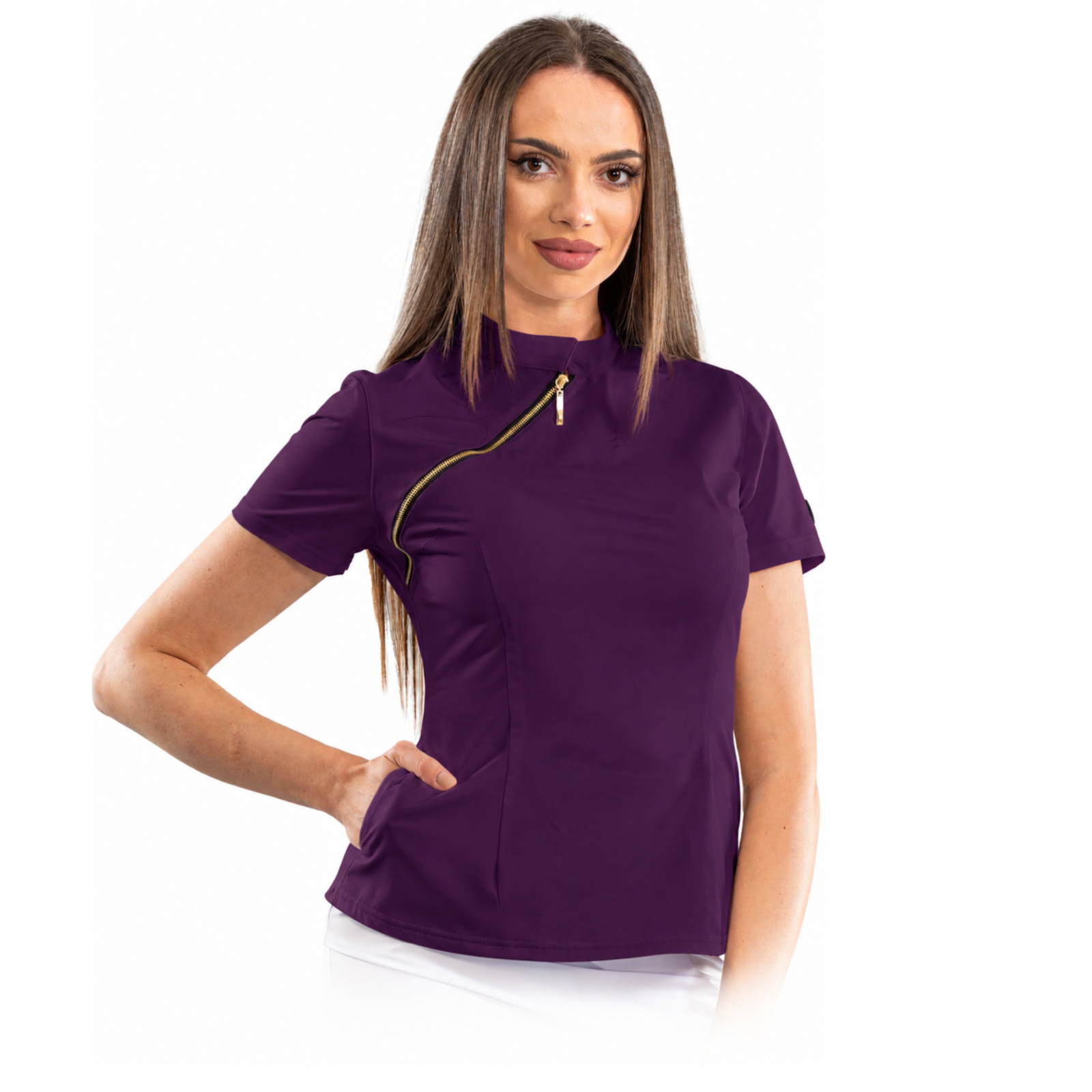 Luxury women’s medical blouse with asymmetrical zipper
