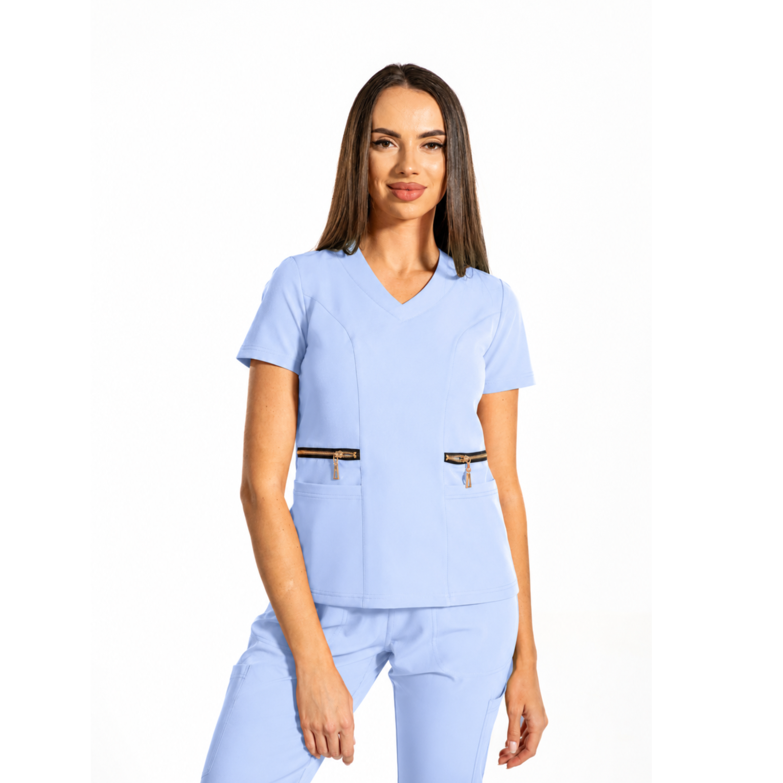 Zip-Glam women’s medical blouse with V-neckline