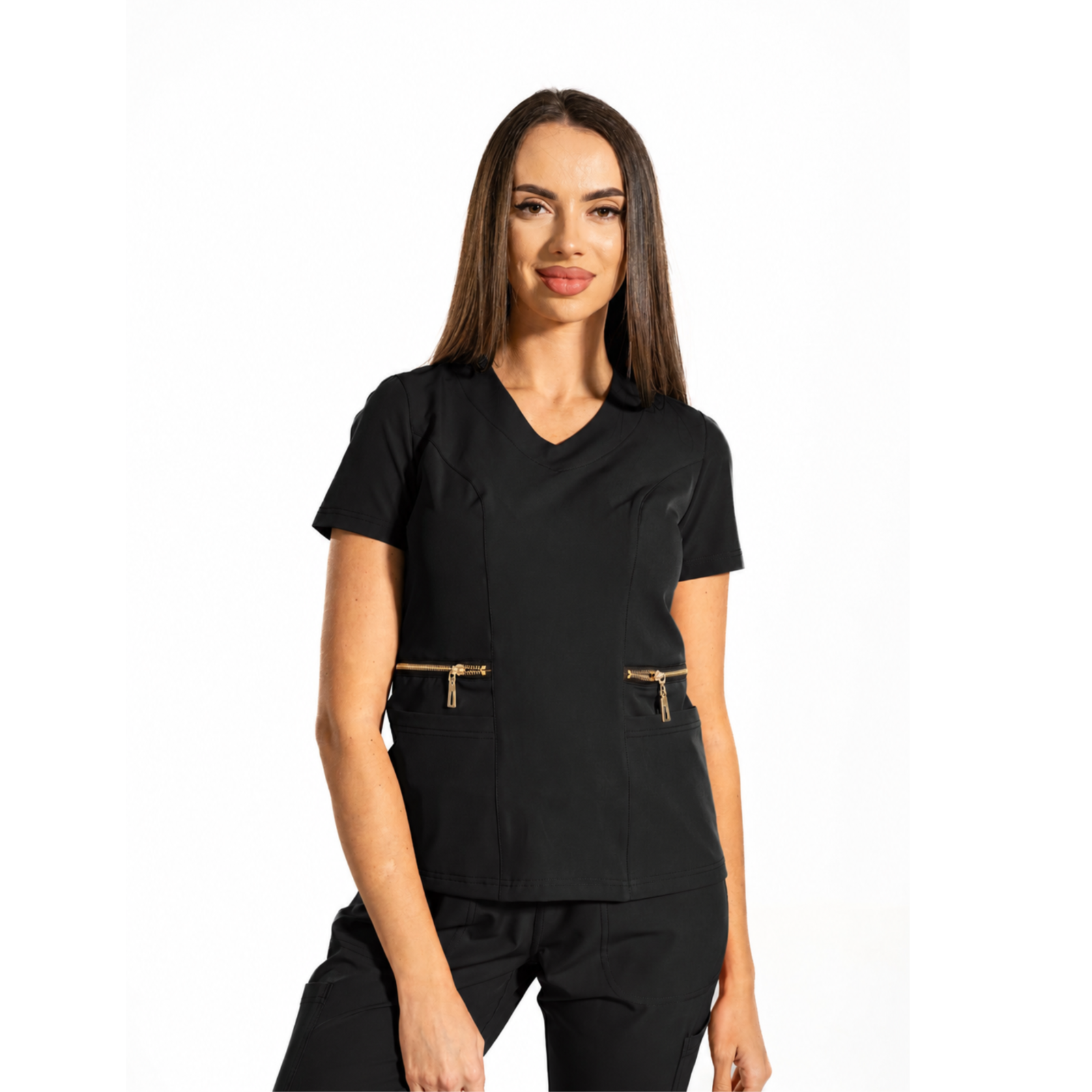 Zip-Glam women’s medical blouse with V-neckline