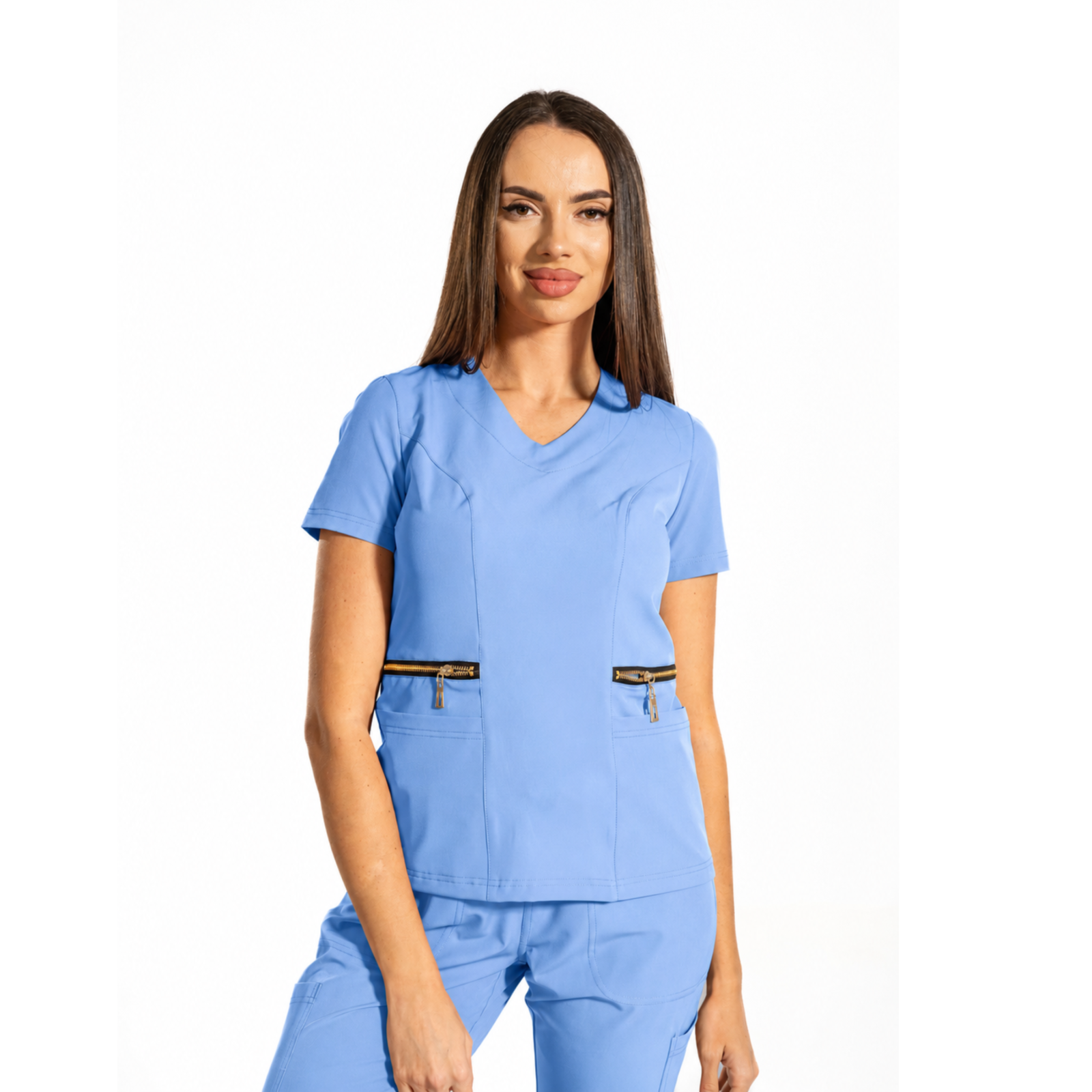 Zip-Glam women’s medical blouse with V-neckline
