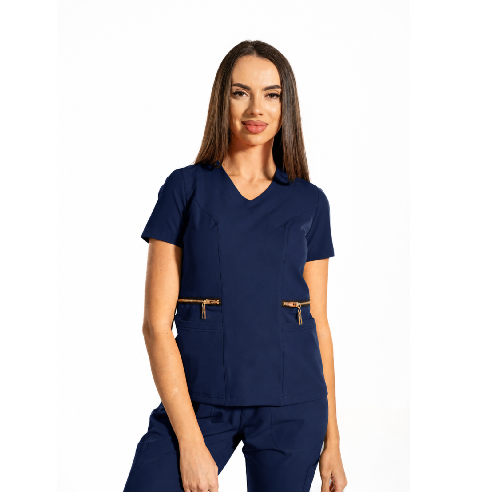 Zip-Glam women’s medical blouse with V-neckline