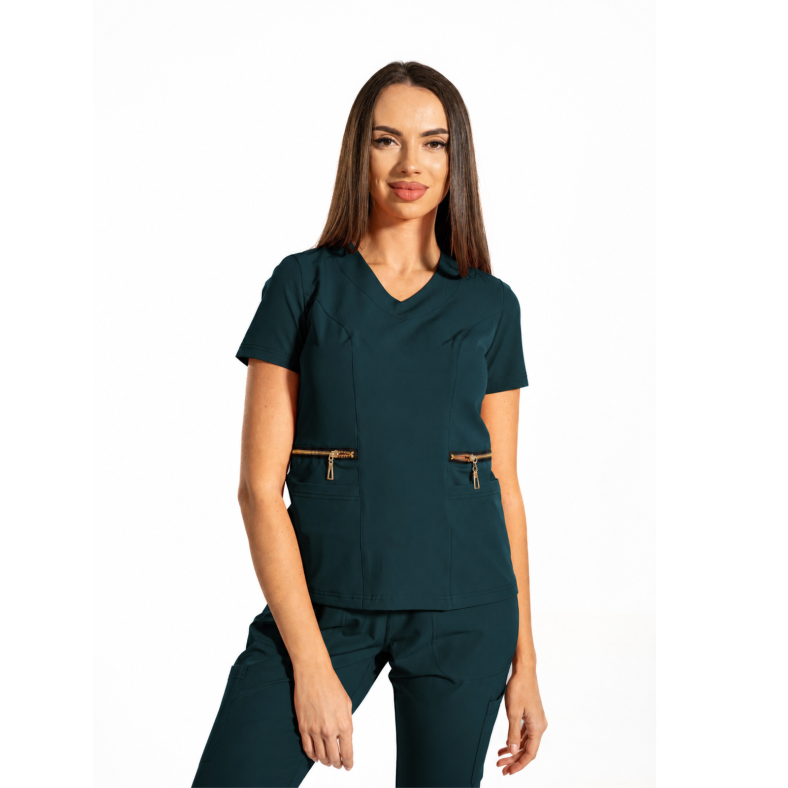 Zip-Glam women’s medical blouse with V-neckline