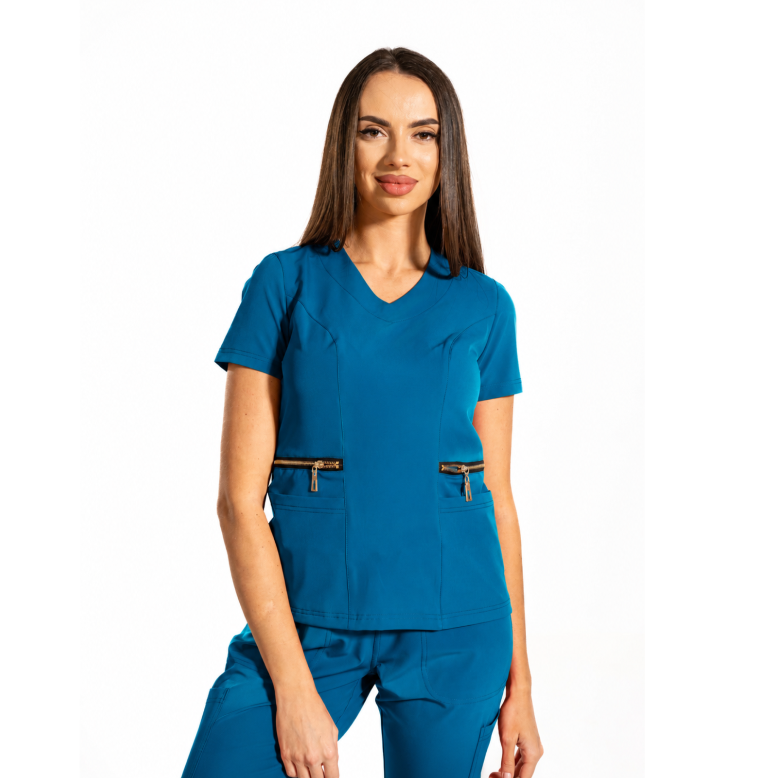 Zip-Glam women’s medical blouse with V-neckline