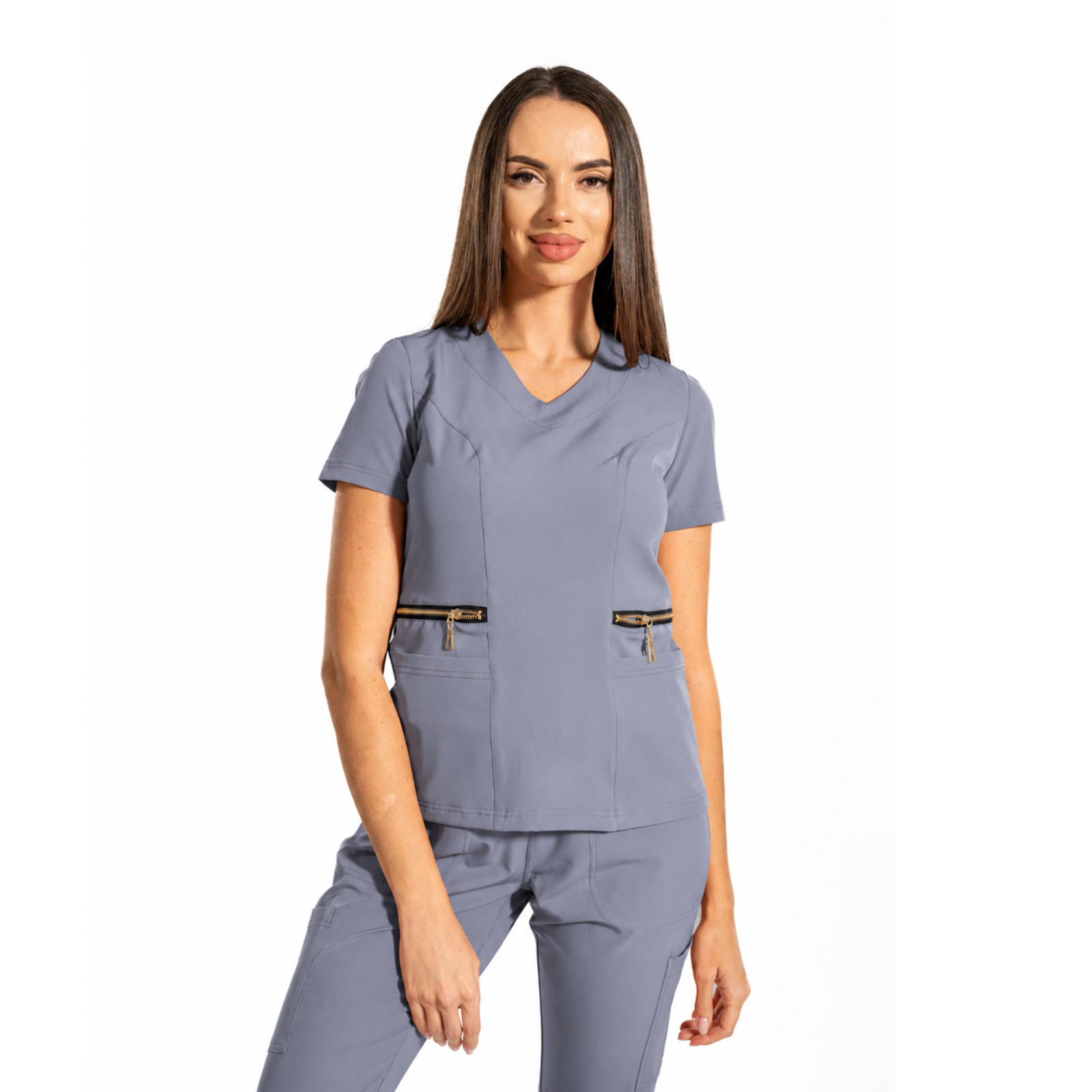 Zip-Glam women’s medical blouse with V-neckline