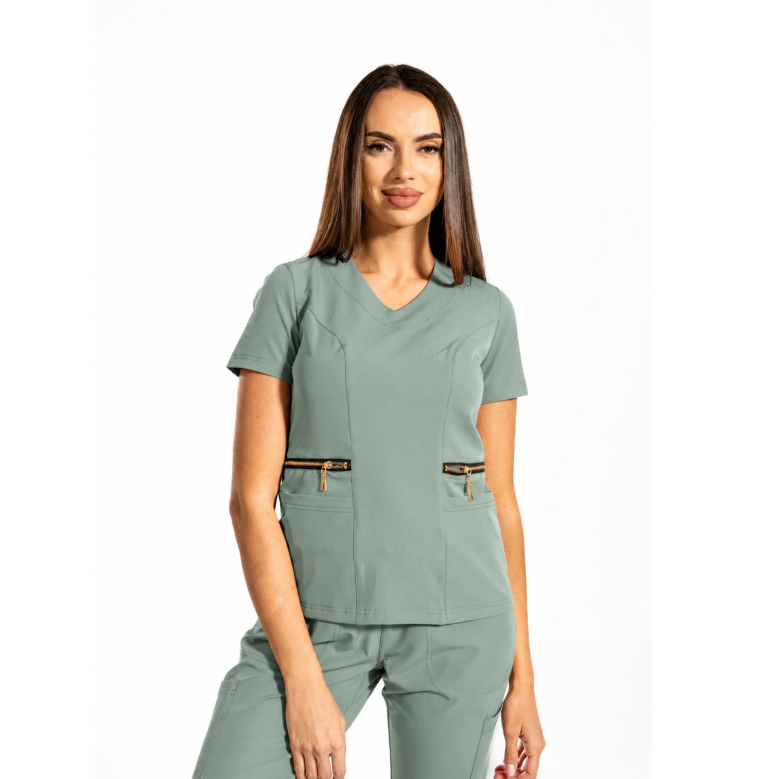 Zip-Glam women’s medical blouse with V-neckline