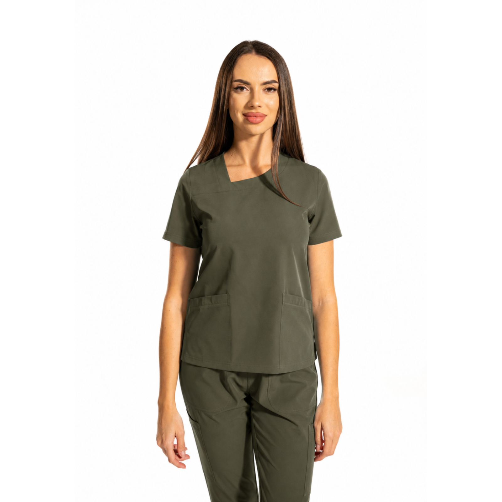 Zip-Glam women’s medical blouse with V-neckline